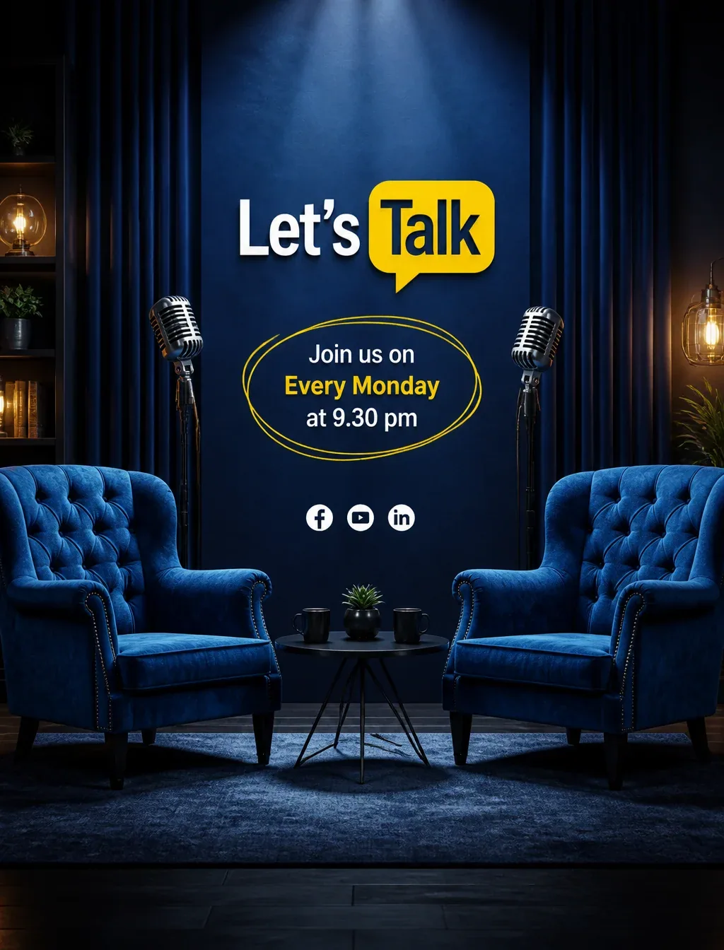 A cinematic studio setup for a talk show, empty interview scene with two elegant blue velvet upholstered armc… - AI提示词参考图，来自西西提示词