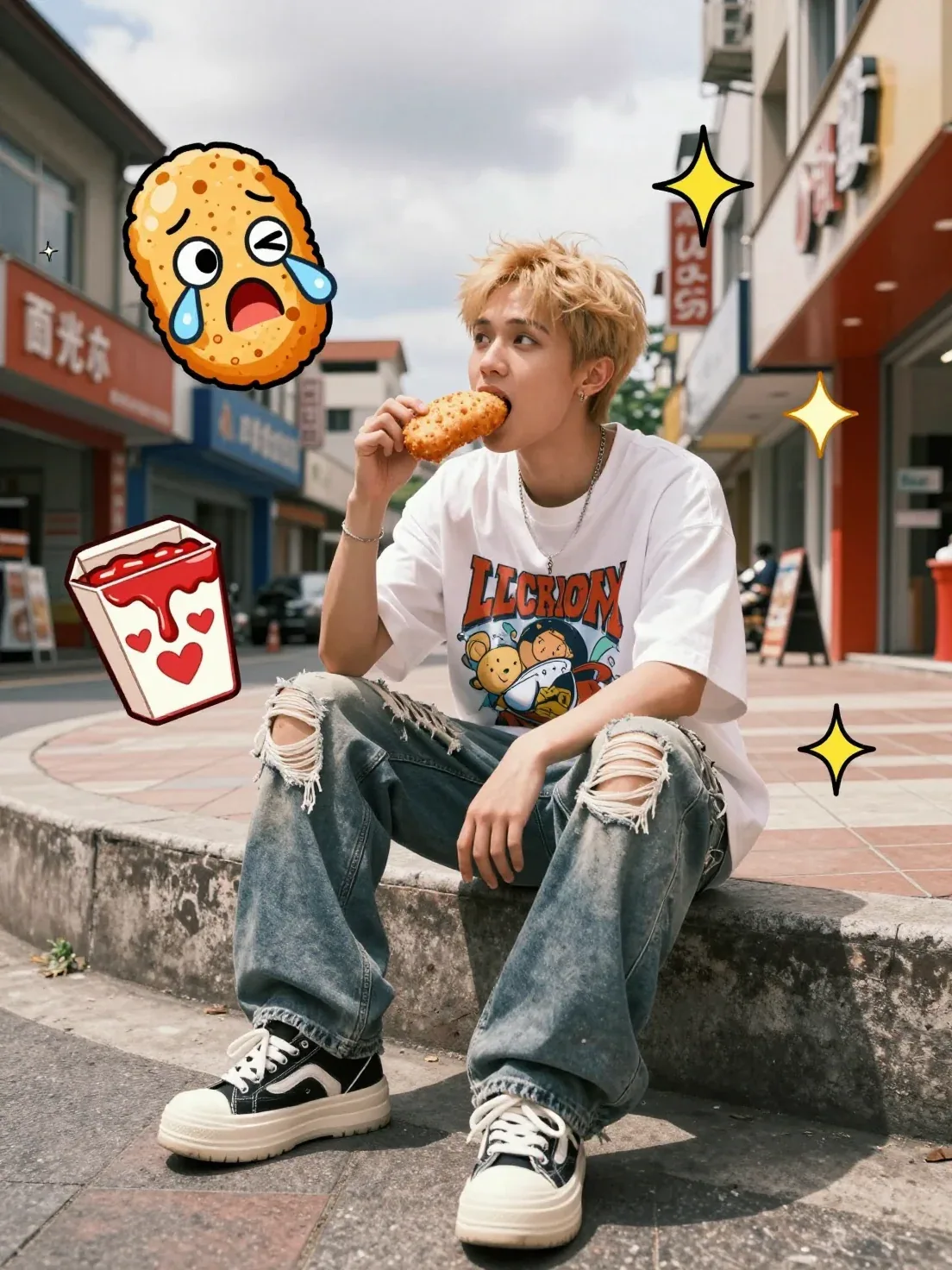 face, sitting casually on a low wall, eating a cartoon-style street snack held up to mouth. Wears an oversize… - AI提示词参考图,来自西西提示词