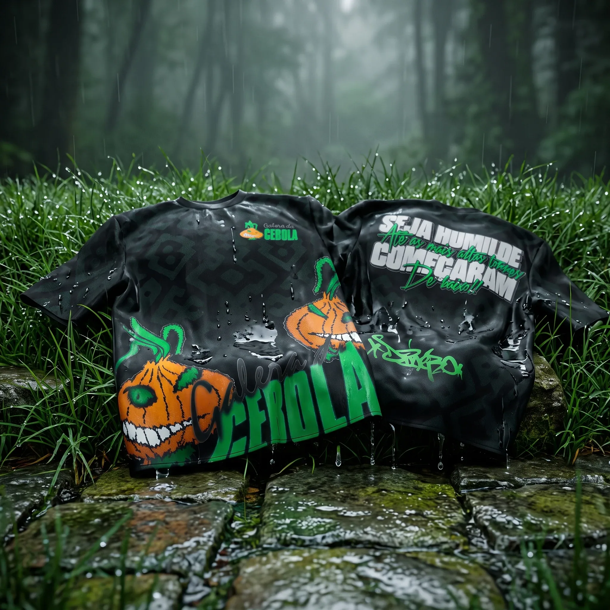 Close nas duas blusas jogadas no chao molhado ,grama verde fresca e vibrante após a chuva, gotas cristalinas … - AI提示词参考图，来自西西提示词