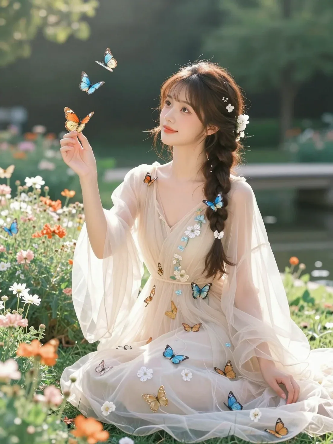 池に面した花園で、蝶と小花を刺繍した淡い生成り色の透明ドレスを着た若い女性が座り、手のひらへ蝶を迎える膝上ポートレート。人物を画面中央へ大きく置き、左前景へ伸びる手、指先の橙色の蝶、周囲を飛ぶ多数の青と橙の蝶を見せる。… - AI prompt reference from CC Prompt Galaxy