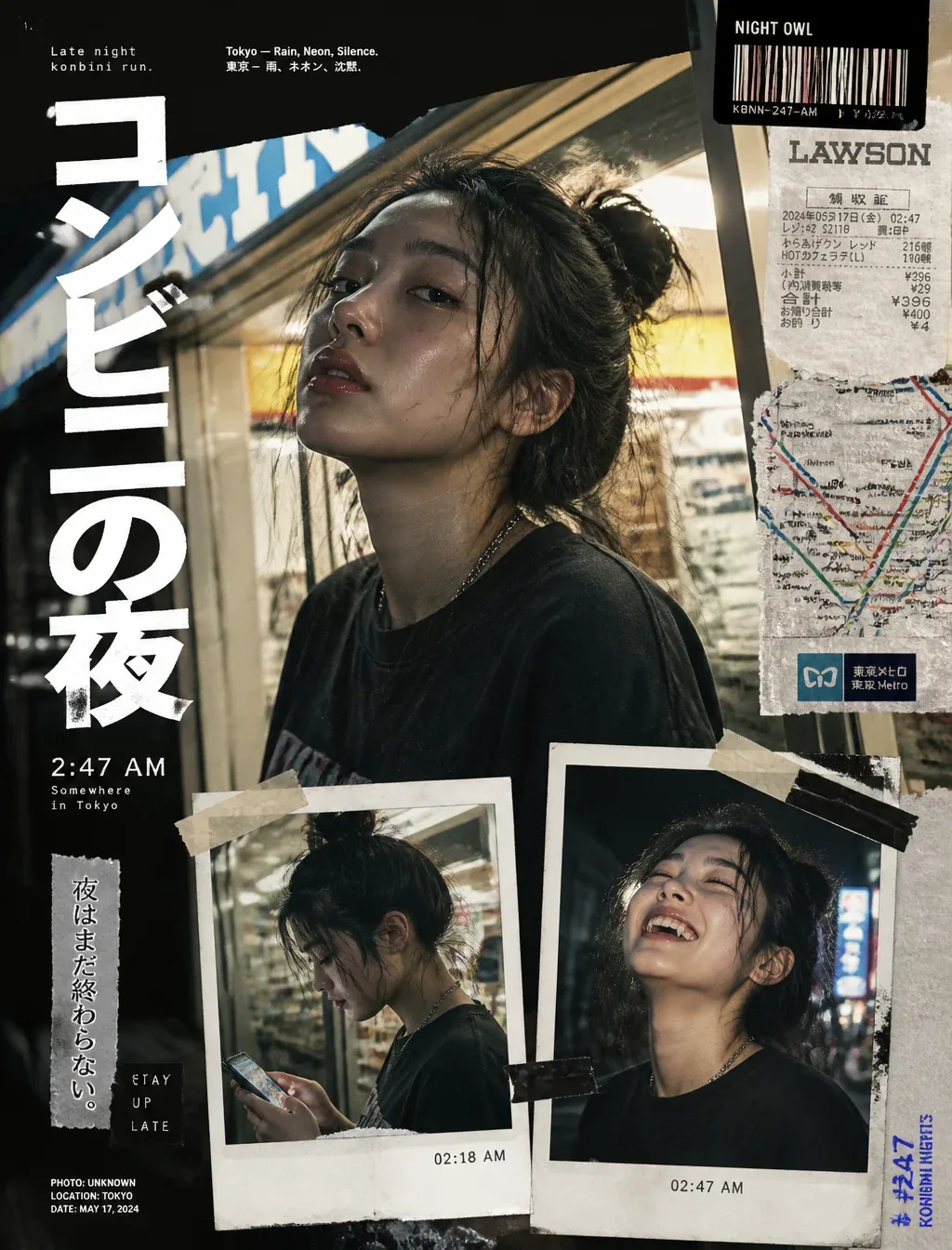 Y2K日系街头编辑拼贴海报，东亚面孔年轻女性，深夜便利店门口，微醺疲惫眼神却带着倔强，自然皮肤纹理光泽双唇凌乱高扎发髻，便利店暖黄灯光与街头冷蓝霓虹交织的柔和戏剧布光，自信中带着一丝疏离的表情，RAW单反超写实时尚摄影… - AI prompt reference from CC Prompt Galaxy