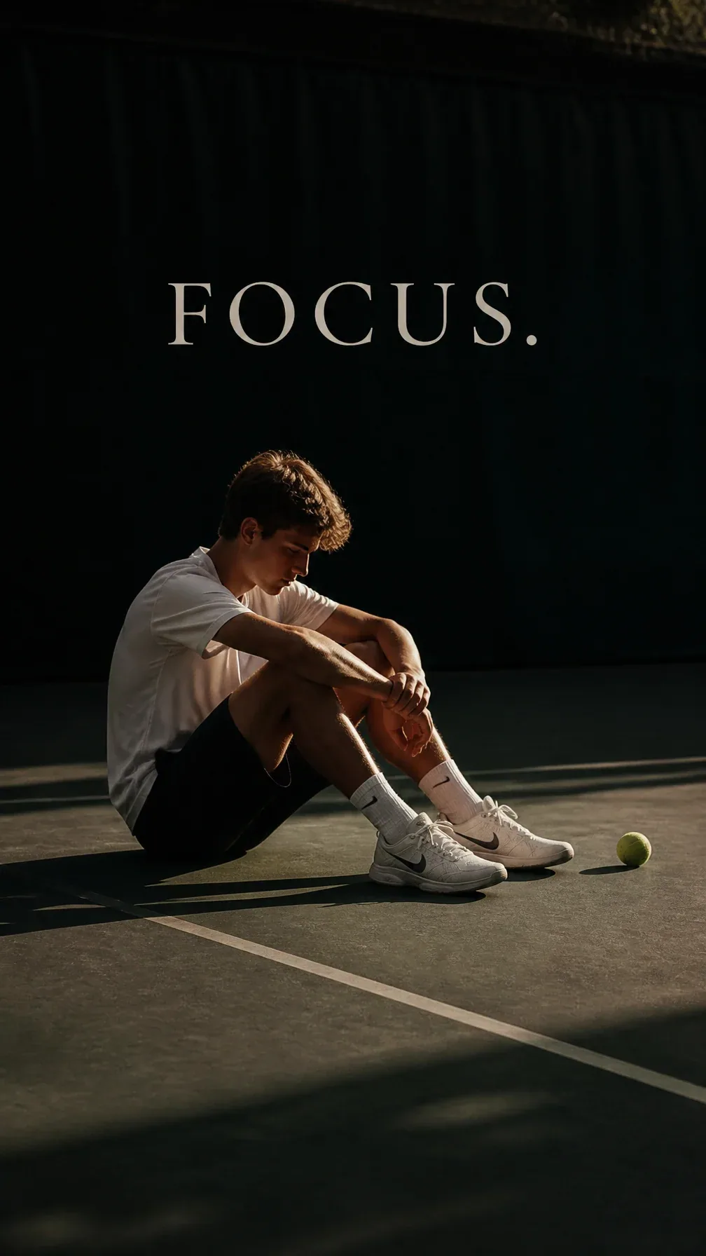 Premium campaign.Main Subject: Young tennis player sitting quietly on court.Creative Direction: Single tennis… - AI提示词参考图，来自西西提示词