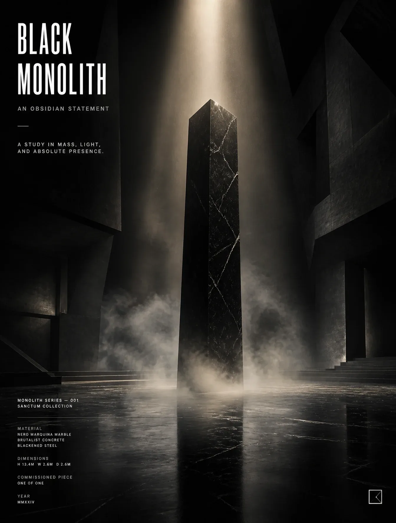 BLACK MONOLITHPromptA towering obsidian black marble monolith rises from the center of a vast architectural v… - AI提示词参考图，来自西西提示词