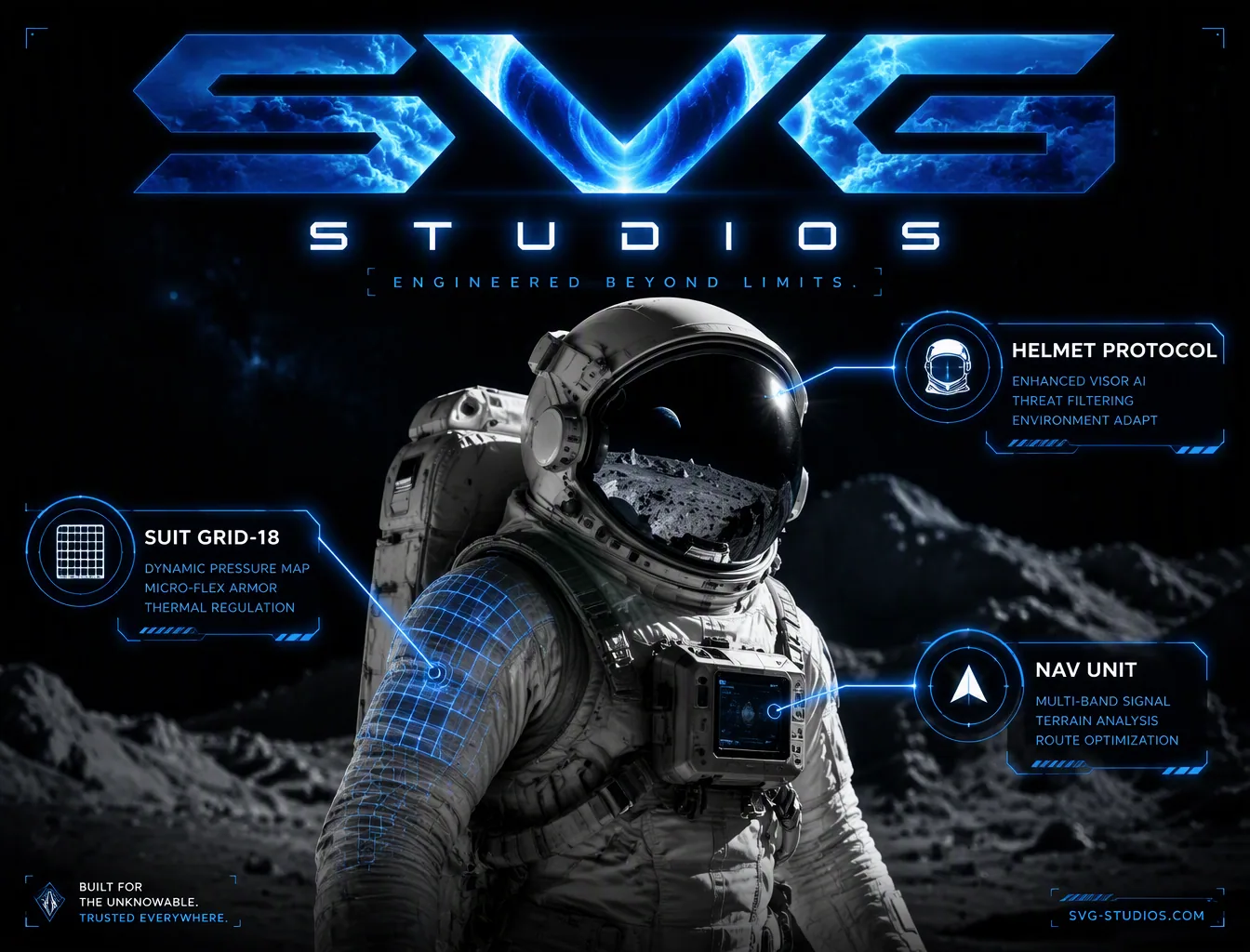A high-contrast ad for a technical brand. A photo of an astronaut is shown, and specific elements are call-ou… - AI prompt reference from CC Prompt Galaxy