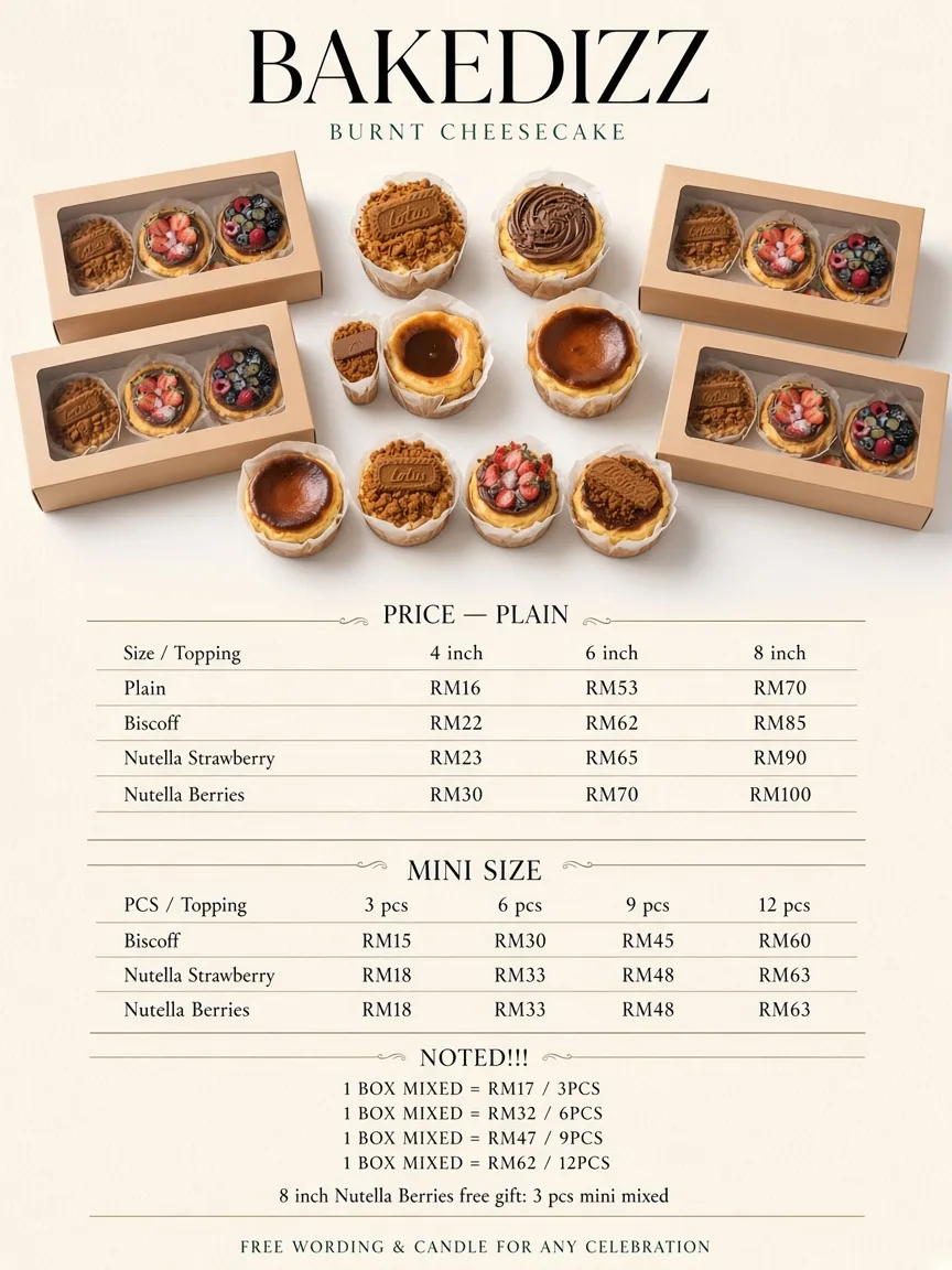 A vertically composed bakery menu poster presents “BAKEDIZZ” in elegant black high-contrast serif typography,… - AI提示词参考图，来自西西提示词