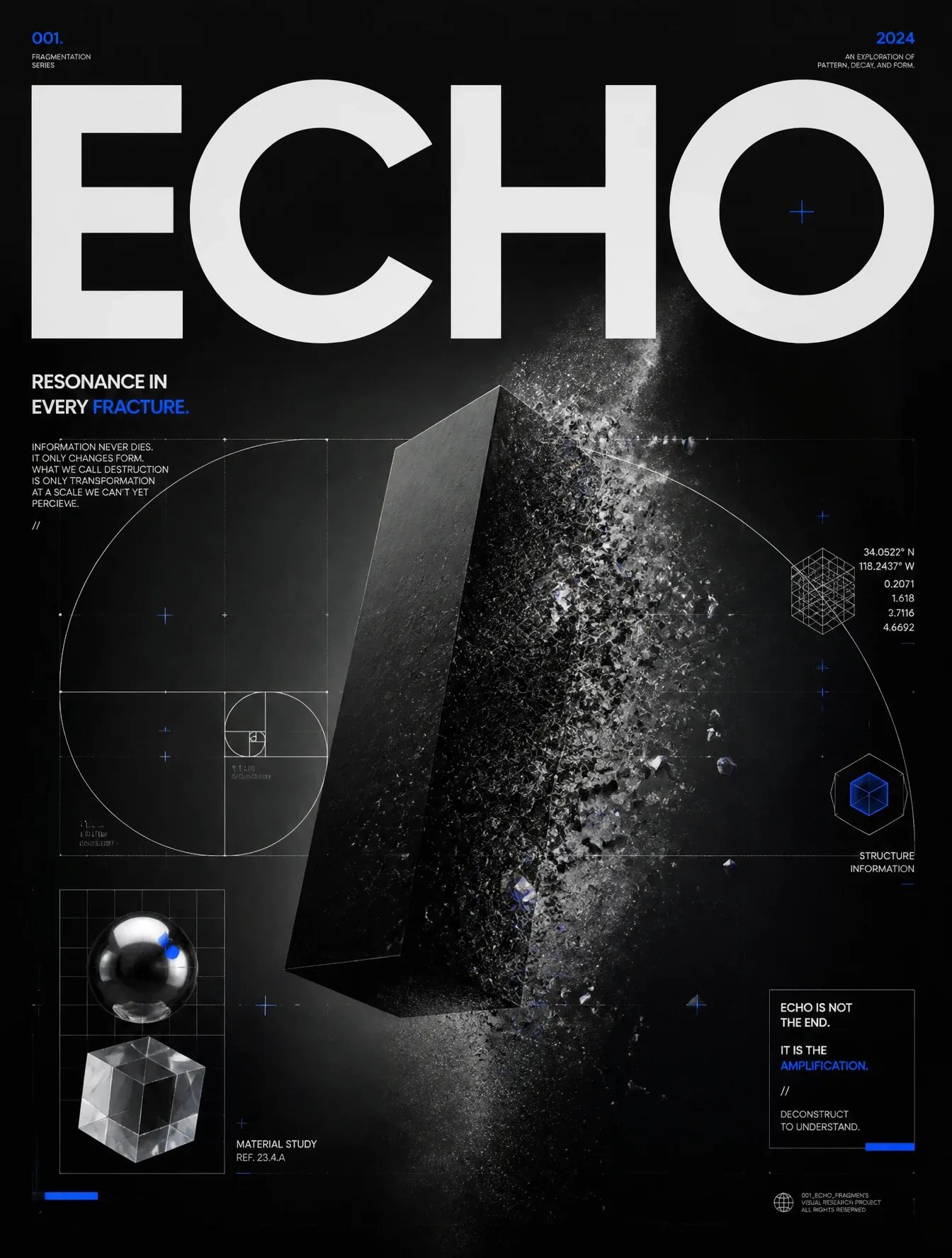 A premium abstract Swiss editorial poster titled "ECHO". A floating black monolith fractures into thousands o… - AI prompt reference from CC Prompt Galaxy