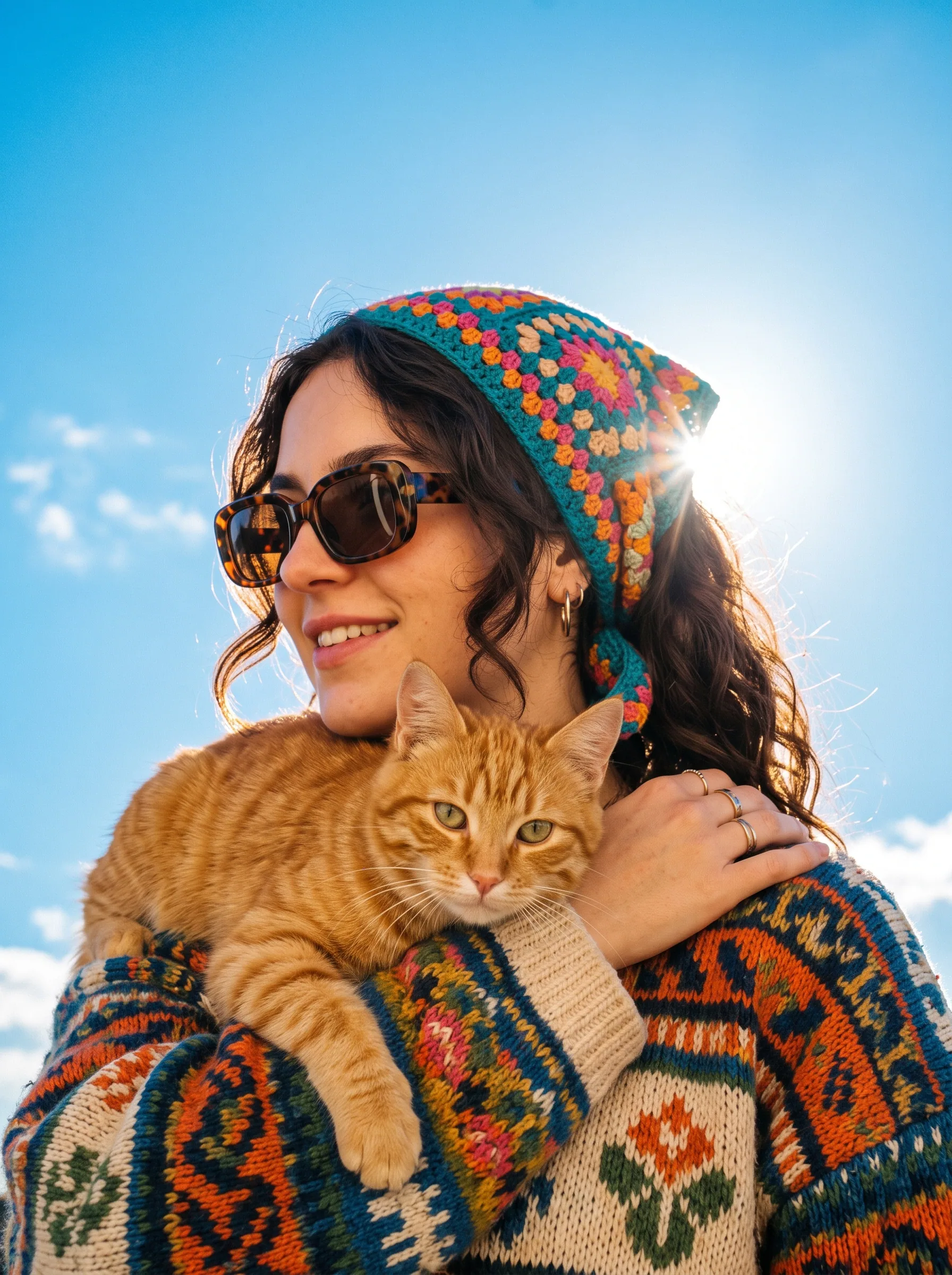 A young woman with dark hair wearing large tortoiseshell sunglasses and a colorful crocheted headscarf holds … - AI提示词参考图，来自西西提示词