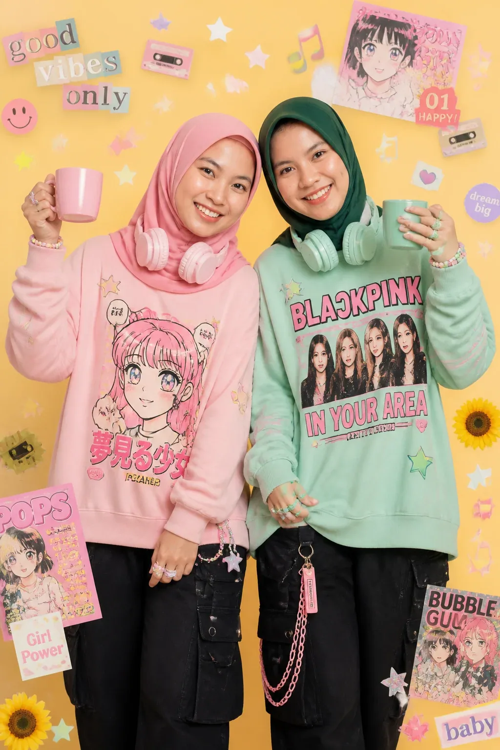 Playful kawaii-inspired studio fashion editorial featuring a cheerful [image1] with a stylish pink hijab, sty… - AI prompt reference from CC Prompt Galaxy