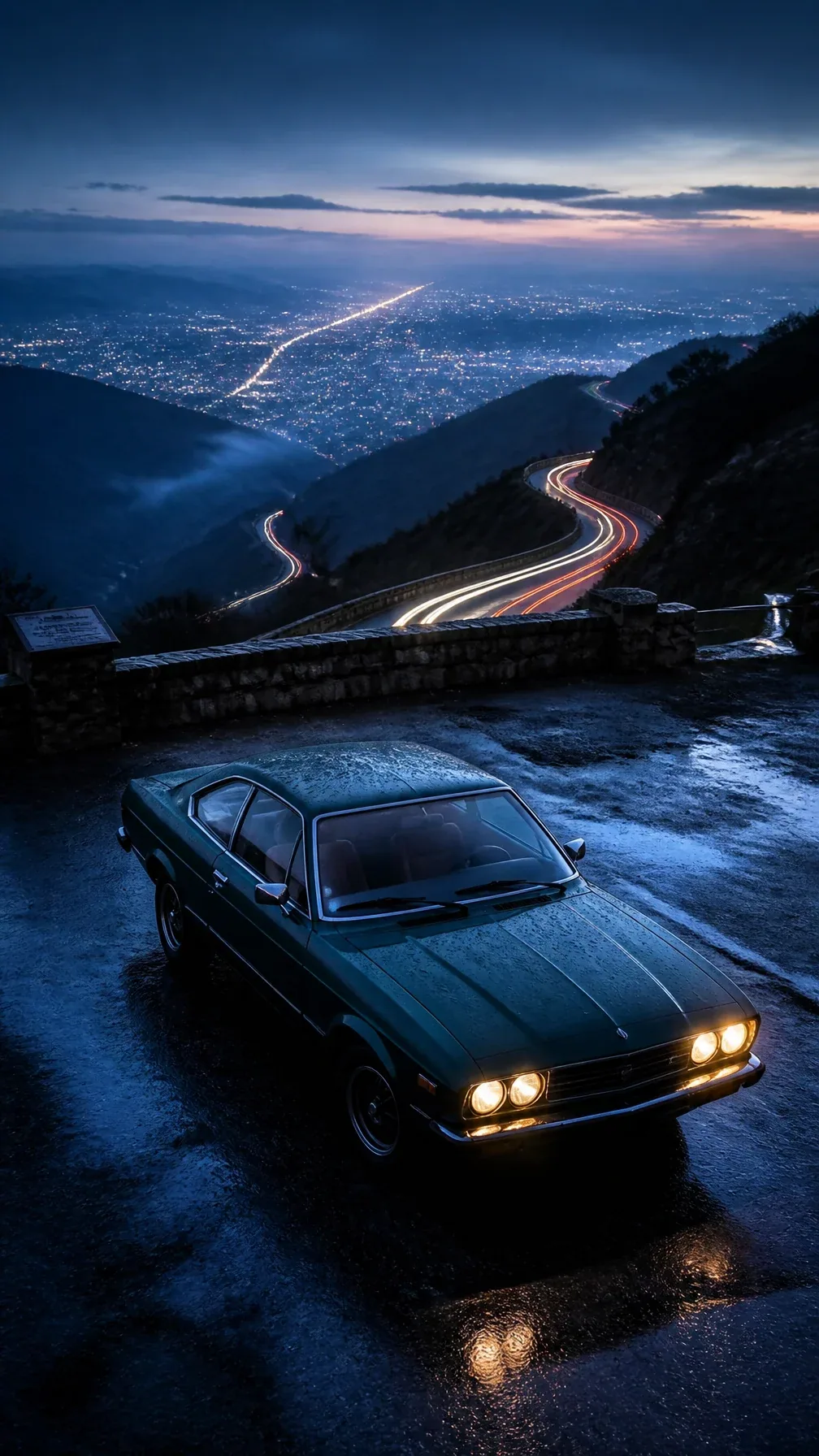 A dark emerald retro coupe stopped at a mountain lookout along a winding road above the lights of a vast vall… - AI提示词参考图，来自西西提示词