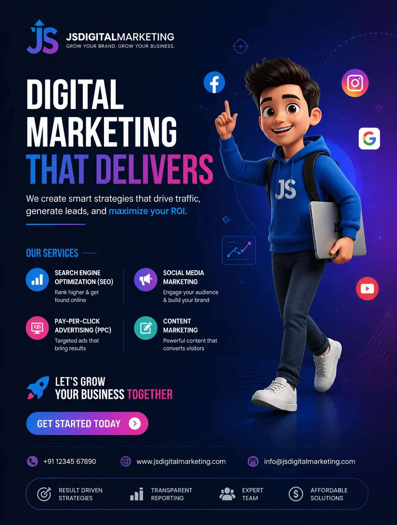 a professional digital marketing poster design for JSdigitalmarketing, featuring a sleek and modern layout, h… - AI提示词参考图，来自西西提示词