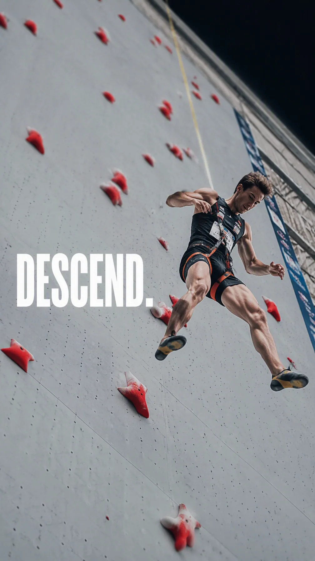 Create a premium 9:16 sports editorial.Main Subject:Young male speed climber descending a vertical competitio… - AI prompt reference from CC Prompt Galaxy