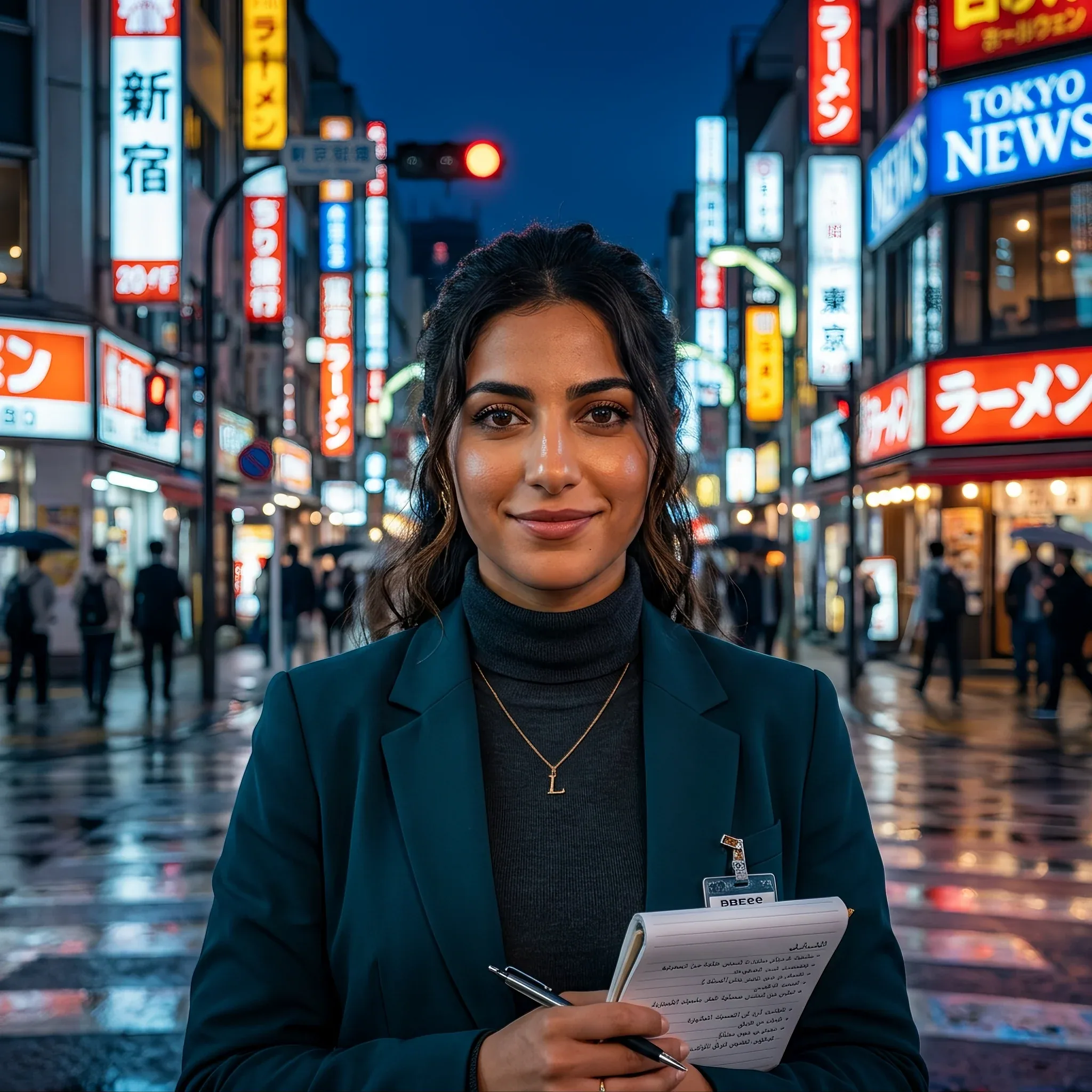 Ultra realistic portrait of a ambitious Middle Eastern journalist, against a neon-lit Tokyo street at midnigh… - AI提示词参考图，来自西西提示词