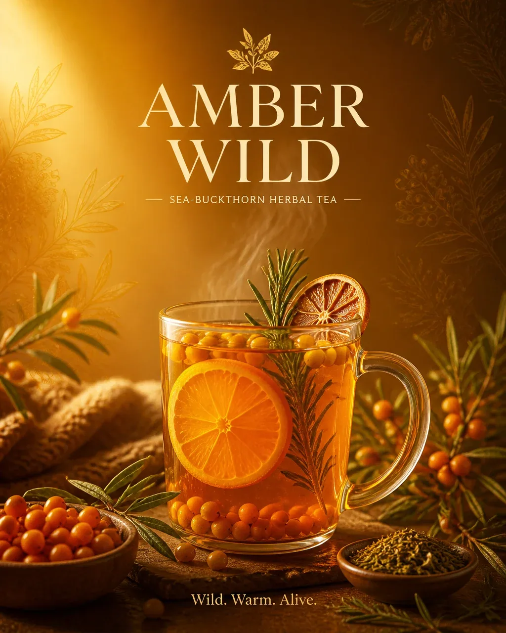 Create a cozy premium herbal tea advertising poster for a fictional brand "AMBER WILD". FORMAT: 4:5 vertical,… - AI prompt reference from CC Prompt Galaxy