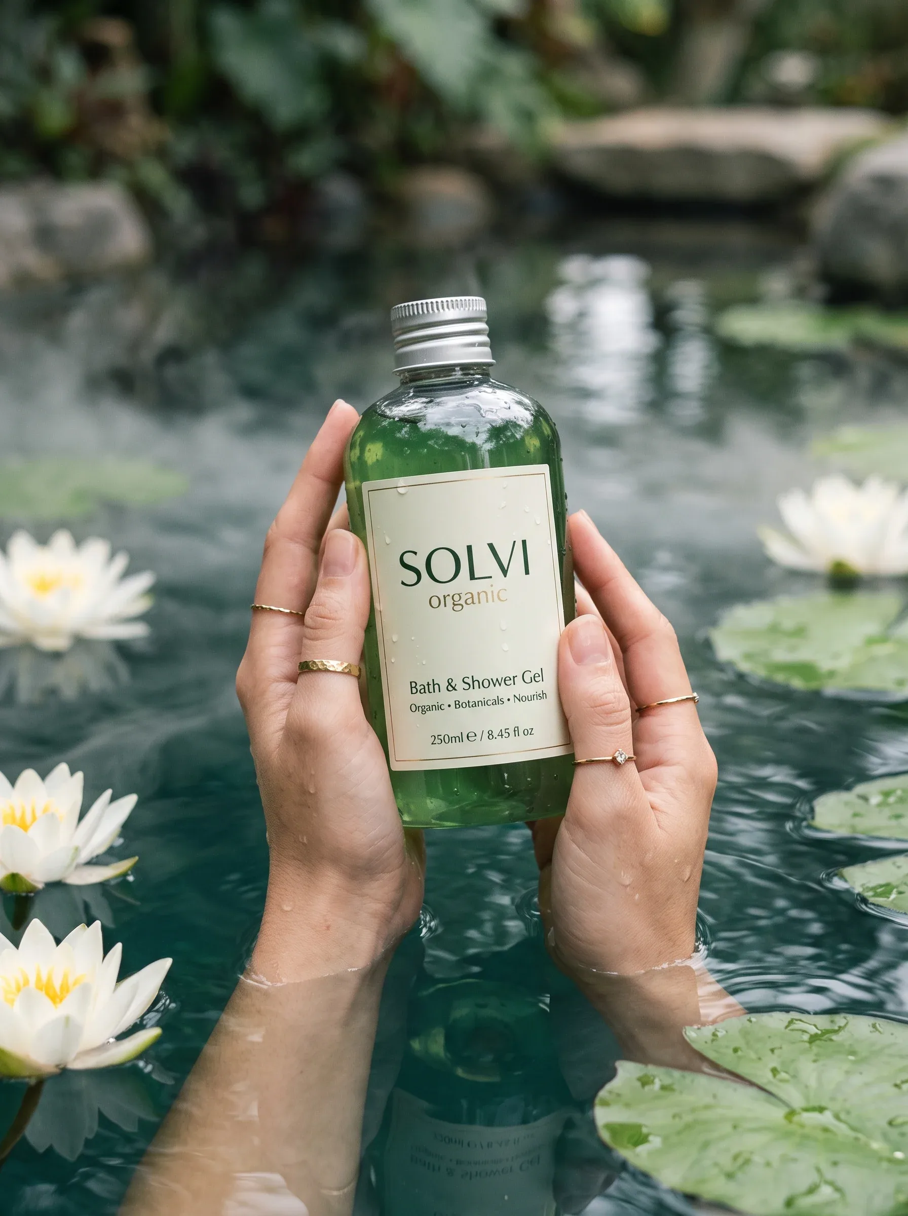 Luxury product photography of a green translucent bath and shower gel bottle held gently by two feminine hand… - AI提示词参考图，来自西西提示词