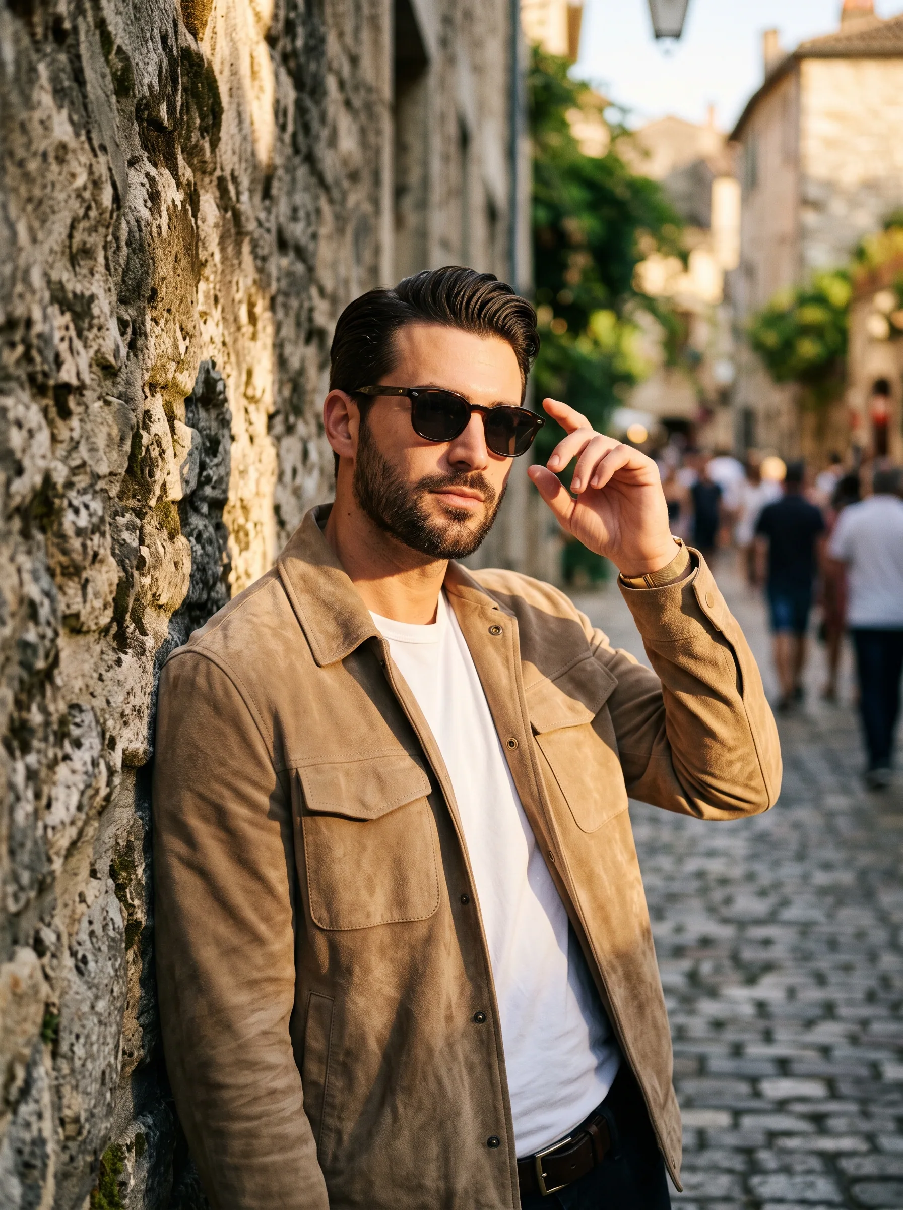 A cinematic golden hour portrait of a stylish man leaning against a textured stone wall, wearing dark sunglas… - AI提示词参考图，来自西西提示词