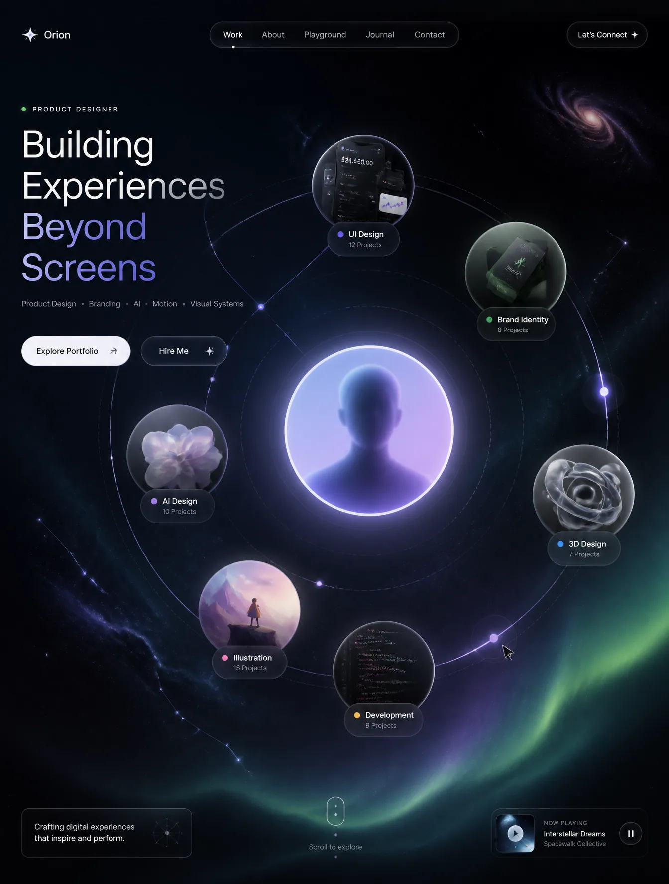 Create an ultra-premium portfolio hero section where all creative work orbits around the designer like planet… - AI提示词参考图，来自西西提示词