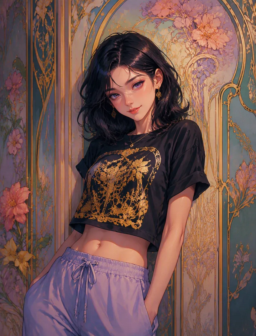 Medium shot portrait of an alluring young woman with a confident, playful expression, leaning against a wall … - AI提示词参考图，来自西西提示词