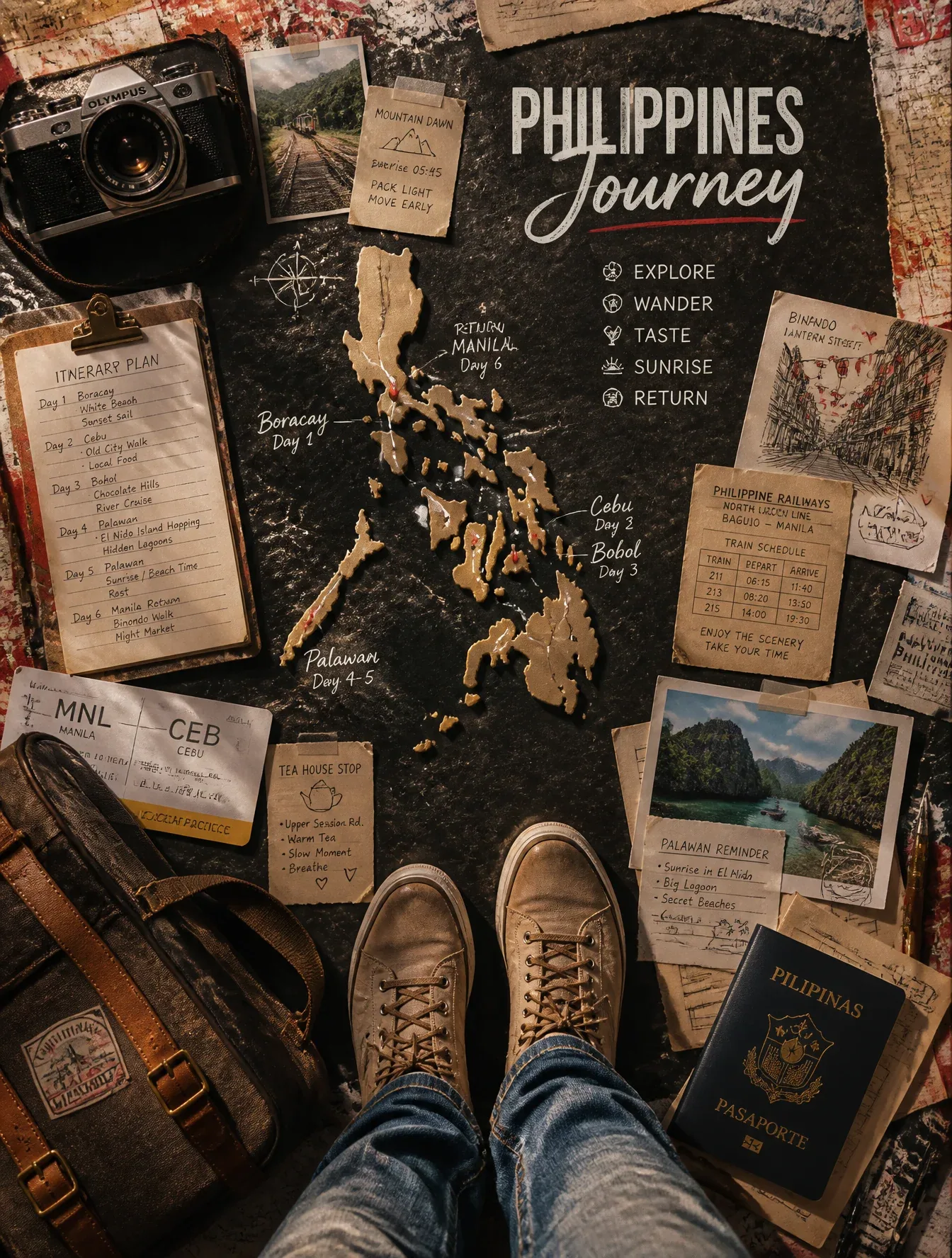 Create an ultra-premium top-down travel planning poster for Philippines, merging extreme tactile realism with… - AI提示词参考图，来自西西提示词