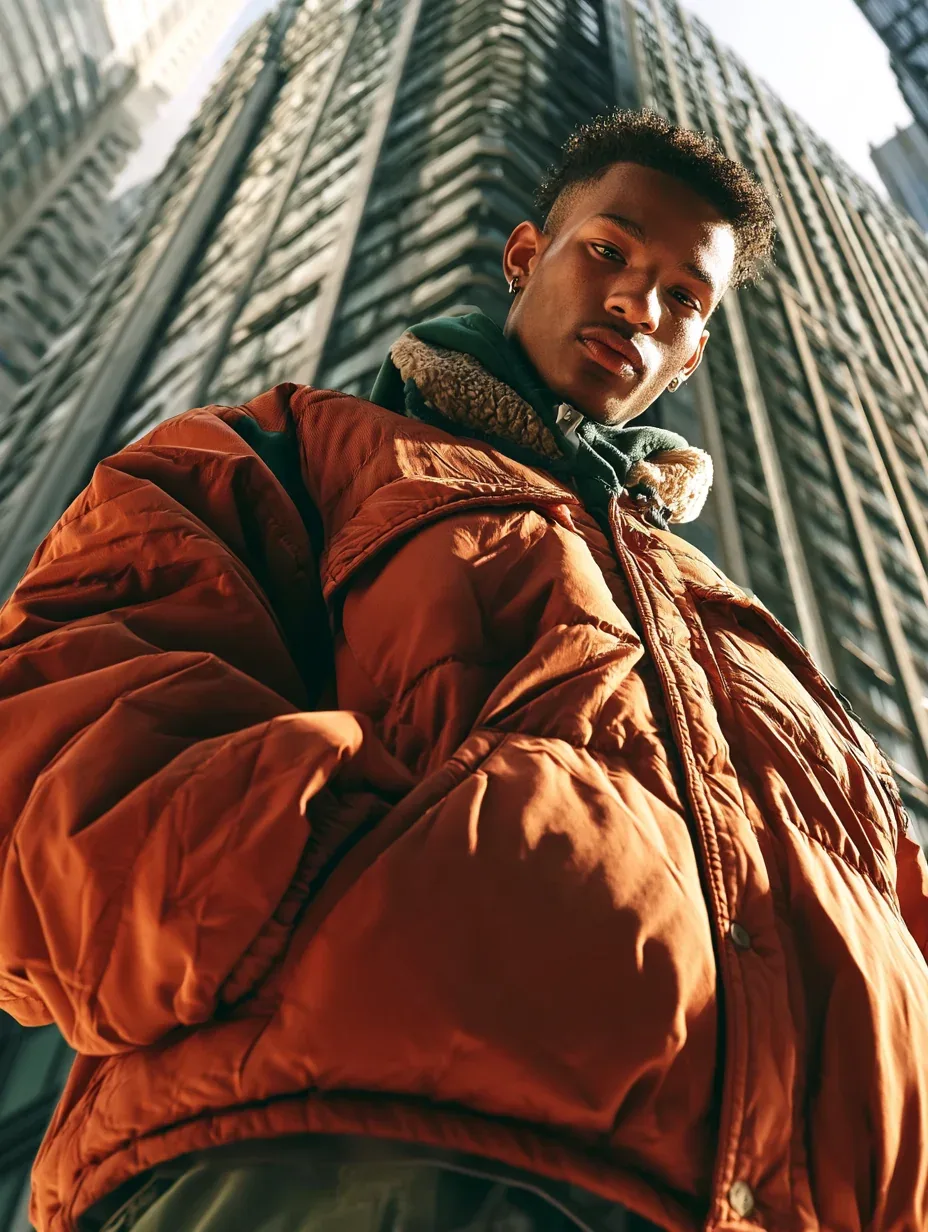 A low camera angle, towering buildings and hard diagonals turn a street portrait into a cinematic urban frame… - AI提示词参考图，来自西西提示词