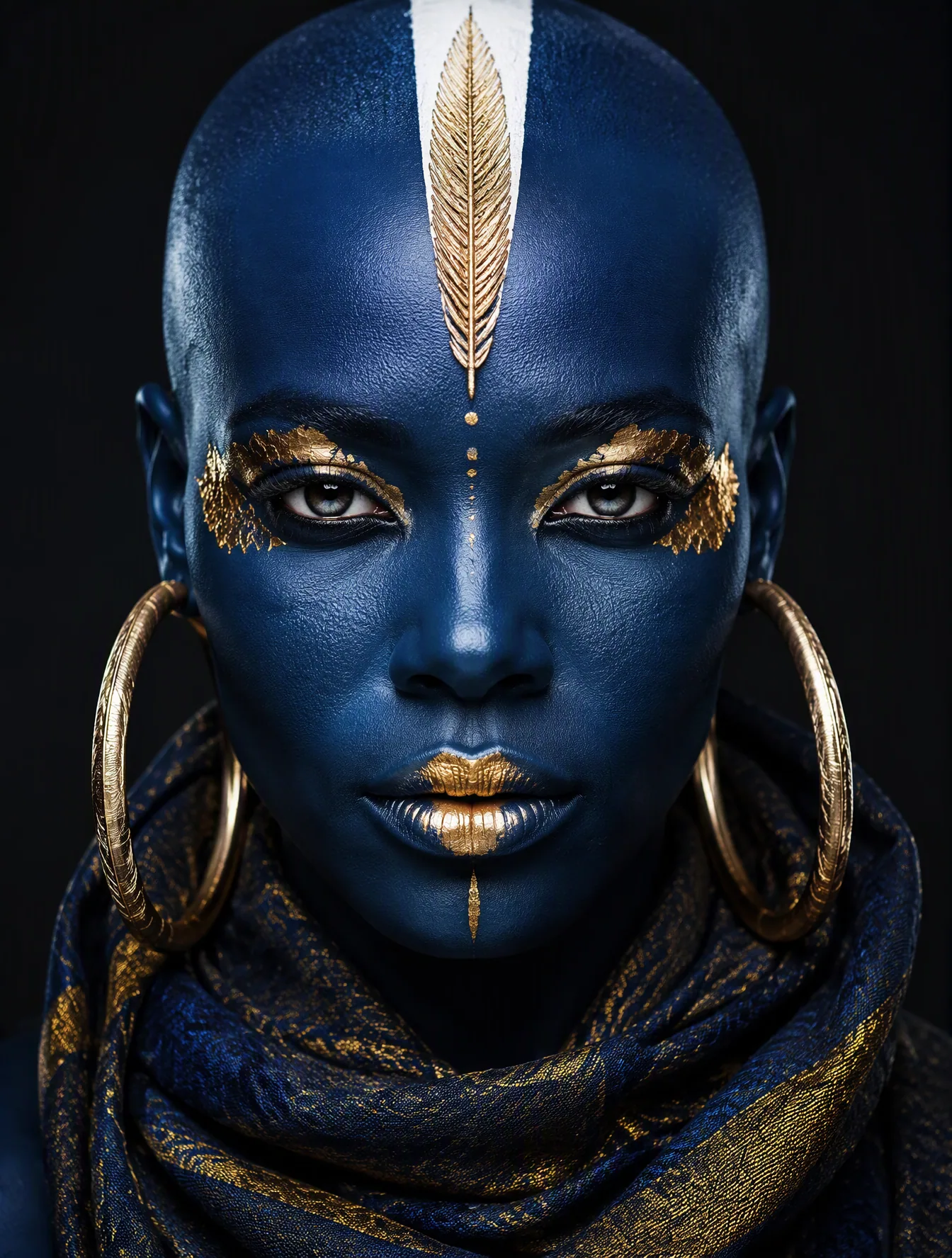 [A striking close-up studio portrait of a bald Black woman with deep blue skin, high-fashion avant-garde trib… - AI prompt reference from CC Prompt Galaxy