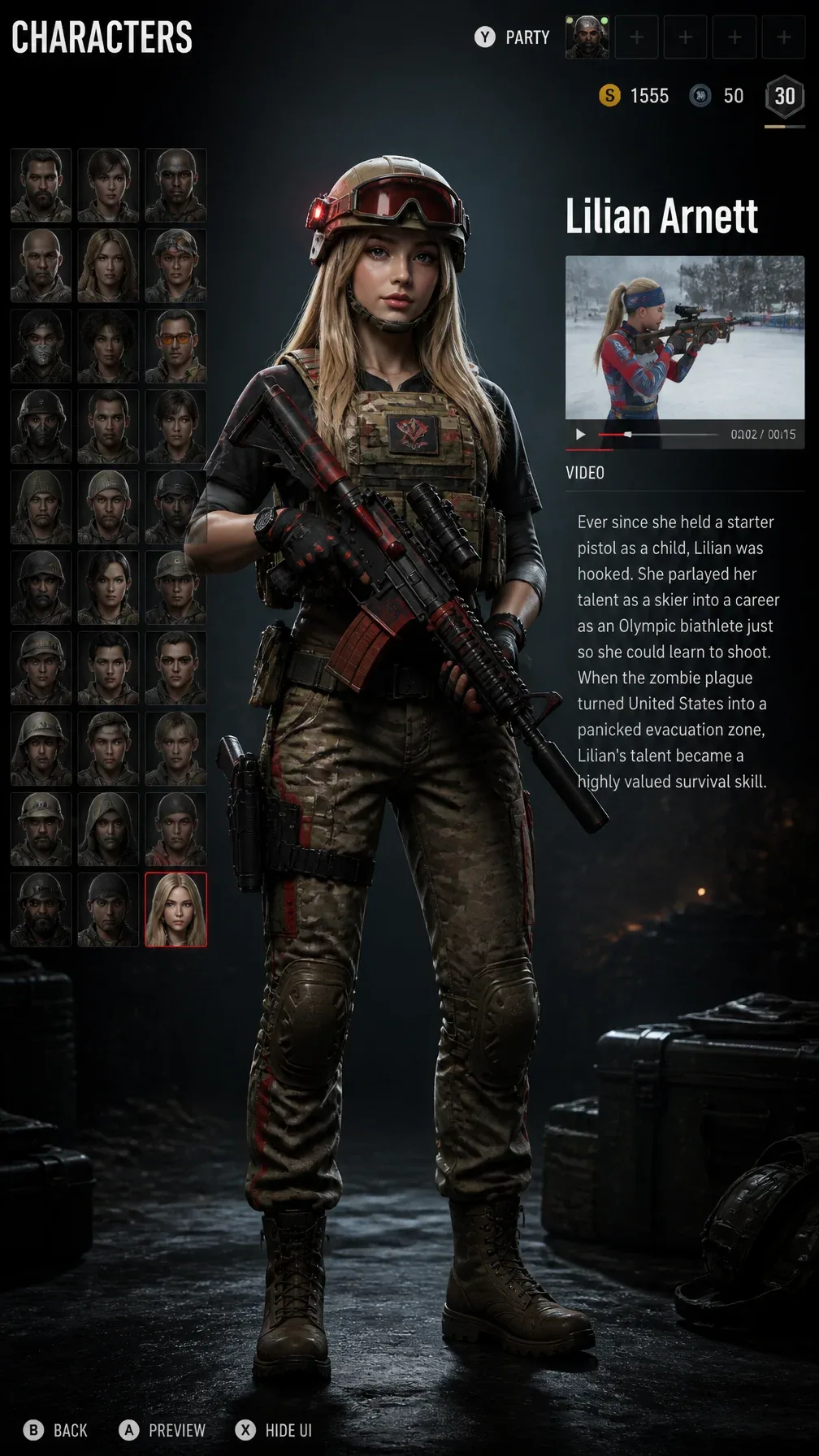 A detailed, high-resolution photo of a modern, military-themed video game character selection menu. The centr… - AI提示词参考图，来自西西提示词