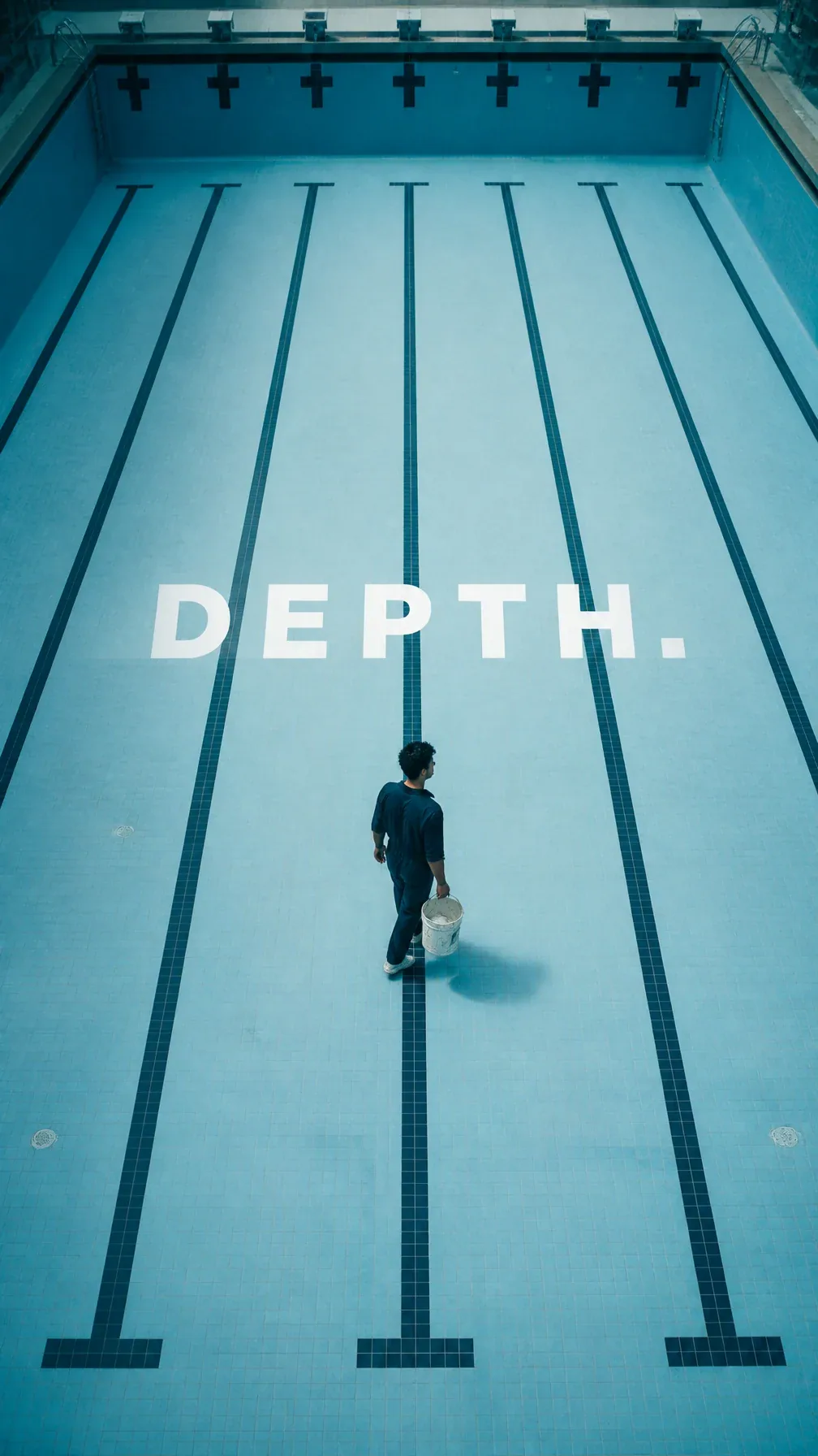 Premium editorial campaign.Main Subject: Young man inside an empty indoor swimming pool during maintenance.Cr… - AI提示词参考图，来自西西提示词