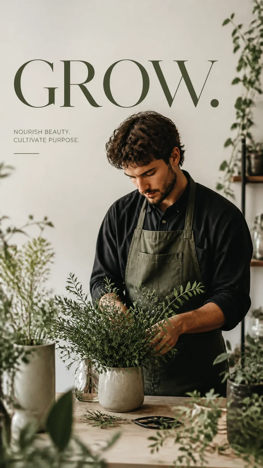 Premium campaign.Main Subject: Young florist man arranging green plants.Minimal botanical studio.Typography: … - AI prompt reference from CC Prompt Galaxy