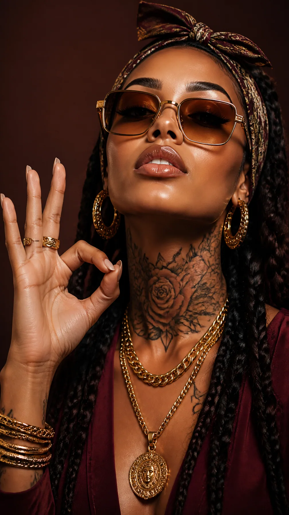 Photorealistic close-up portrait of a glamorous young woman with warm brown skin, looking slightly upward wit… - AI提示词参考图，来自西西提示词