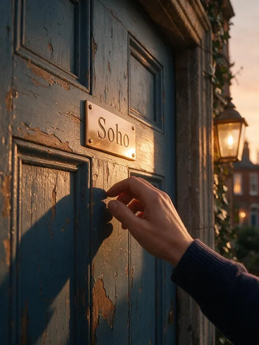 A human hand reaches out to knock on a weathered, slate-blue wooden door, casting a sharp, elongated shadow a… - AI提示词参考图，来自西西提示词