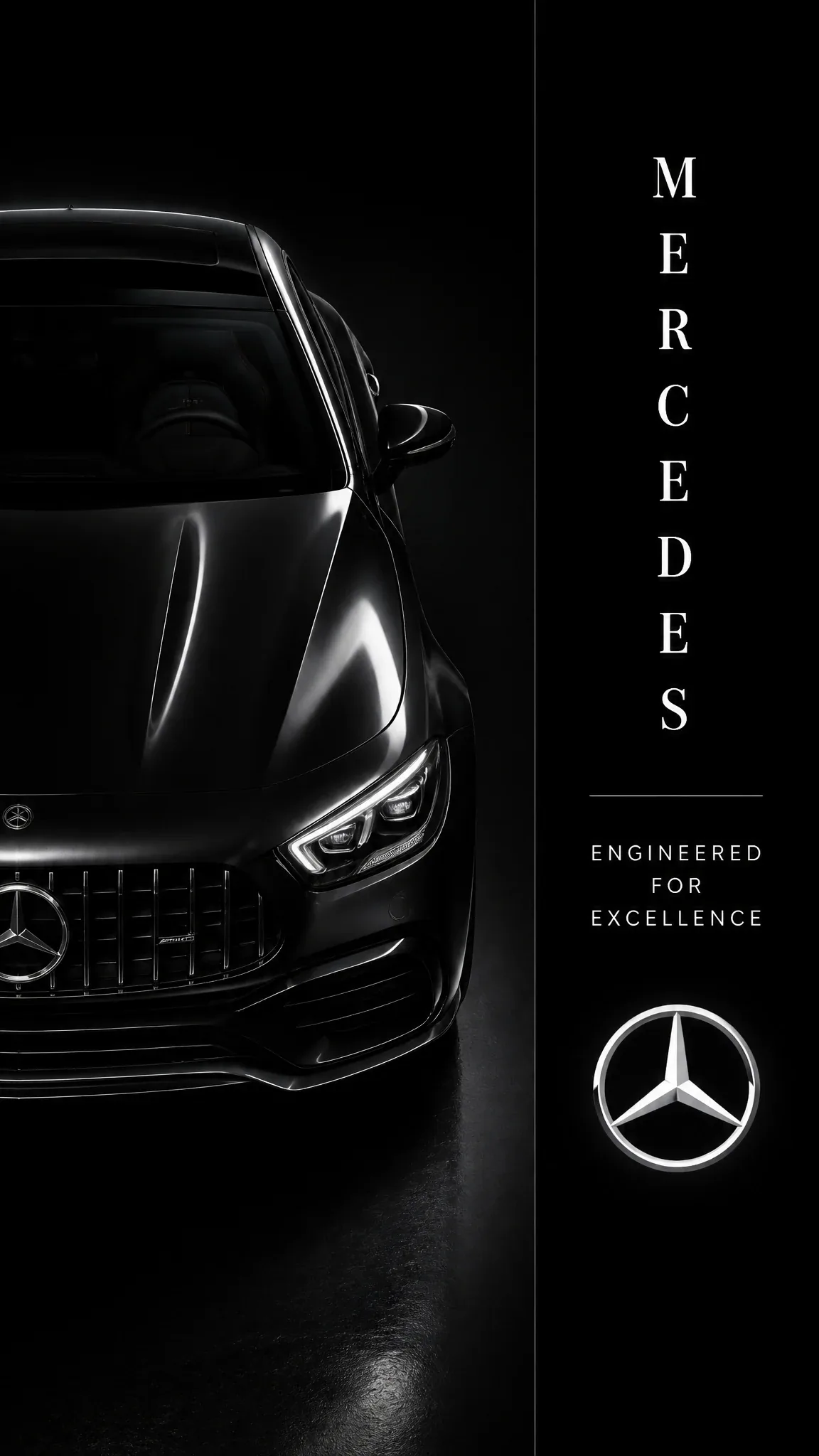 A black Mercedes-AMG performance coupe emerges from near-total darkness on the left half of a vertically divi… - AI提示词参考图，来自西西提示词