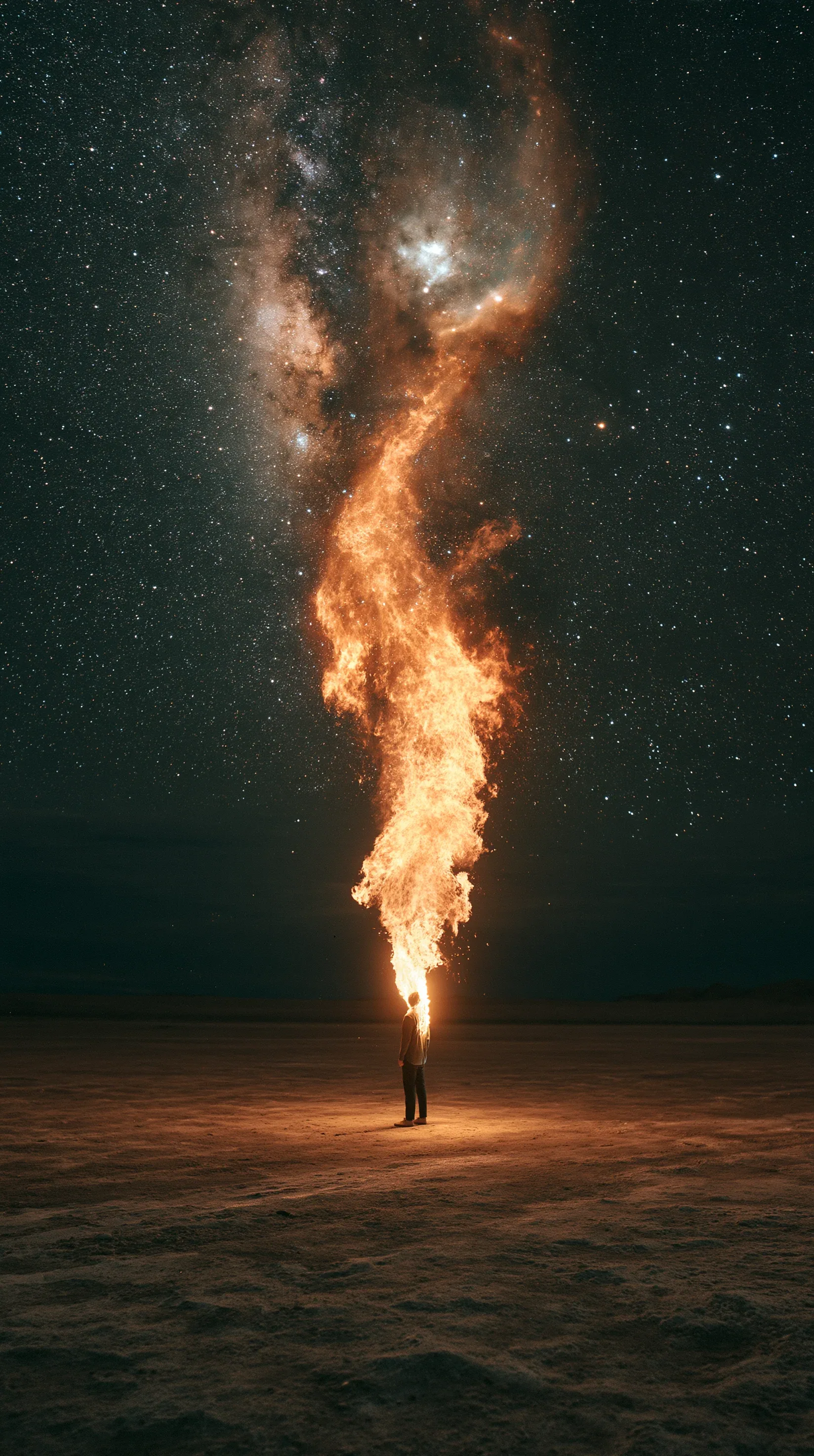 A lone man standing in a vast, dark desert salt flat. He is on fire with a towering column of fire erupting f… - AI提示词参考图，来自西西提示词