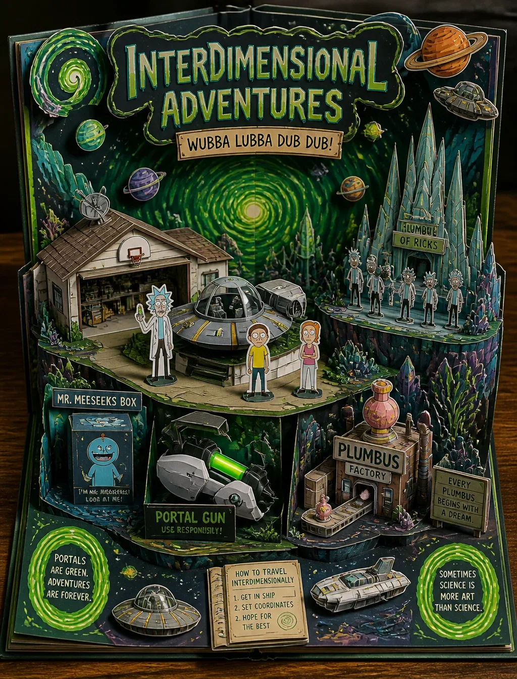 Create a Rick and Morty-themed 3D pop-up papercraft storybook diorama displayed on a rustic wooden table, vie… - AI提示词参考图,来自西西提示词