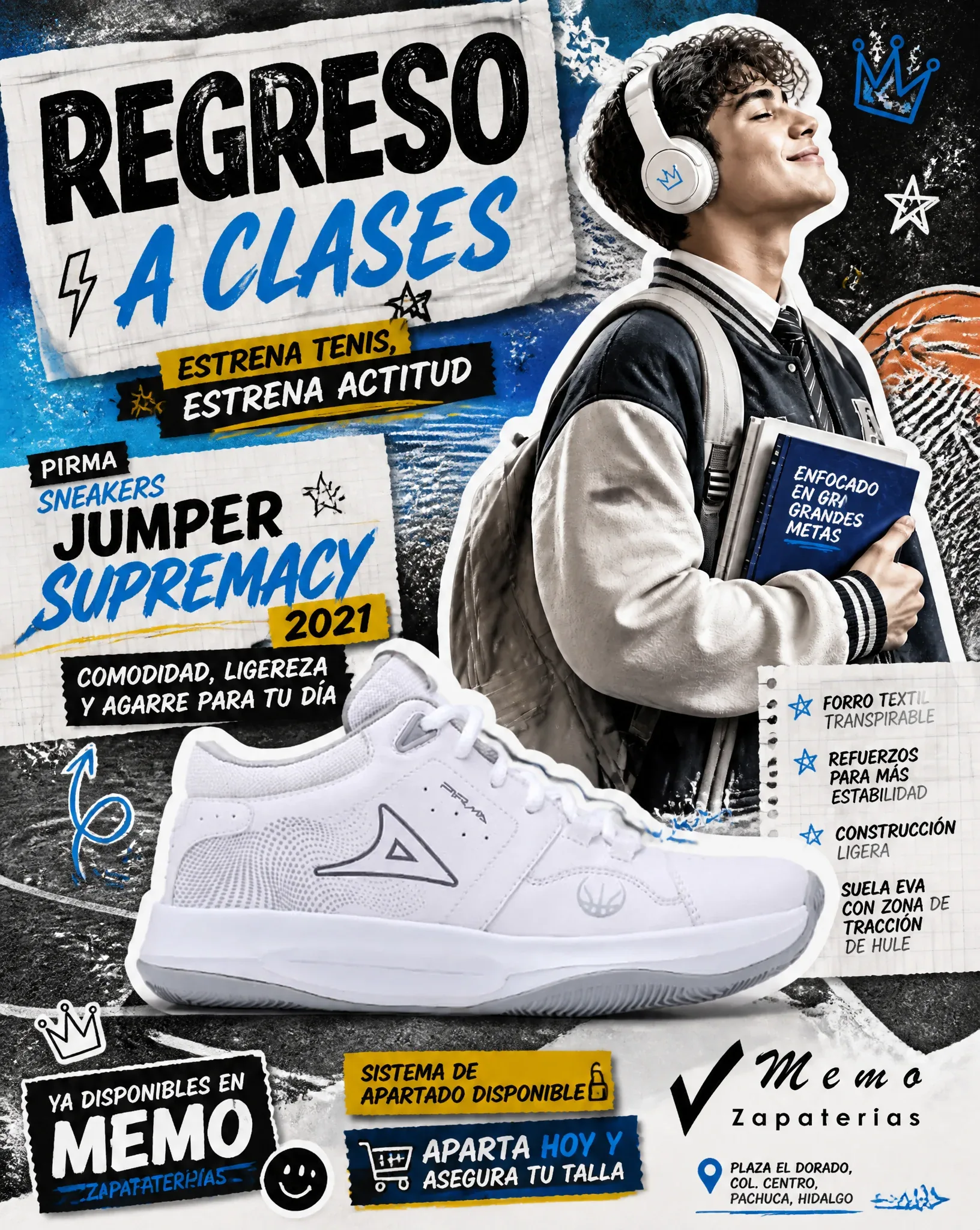 Create an original back-to-school footwear advertisement poster in modern Y2K scrapbook collage style for Zap… - AI提示词参考图，来自西西提示词