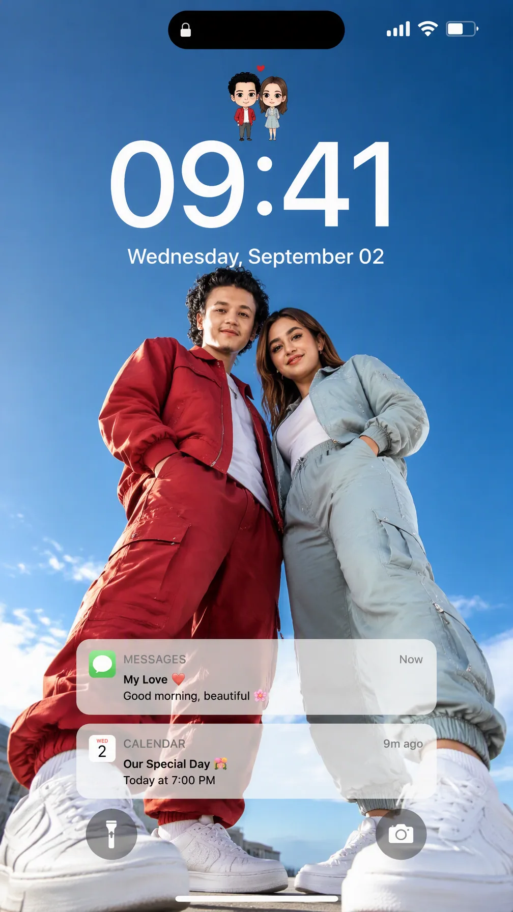 Create an ultra-realistic iPhone lockscreen wallpaper. Transform the couple into trendy main characters photo… - AI提示词参考图，来自西西提示词