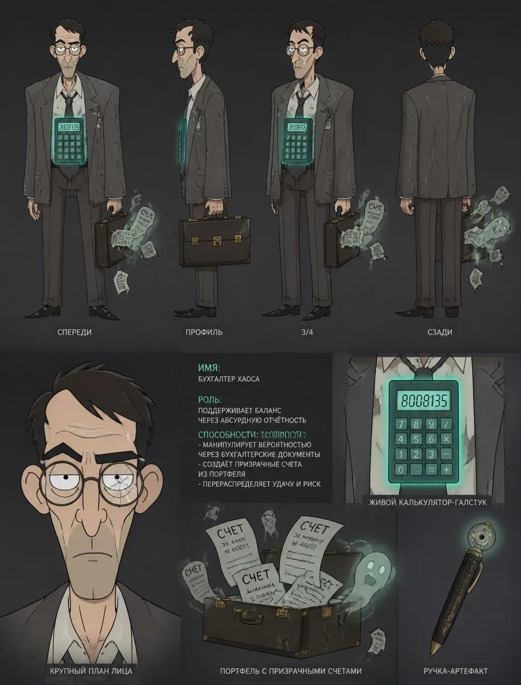 Бухгалтер ХаосаСтиль: Современная 2D-анимация в духе Inside Job + Rick and Morty.Описание: Худой мужчина в ог… - AI提示词参考图，来自西西提示词