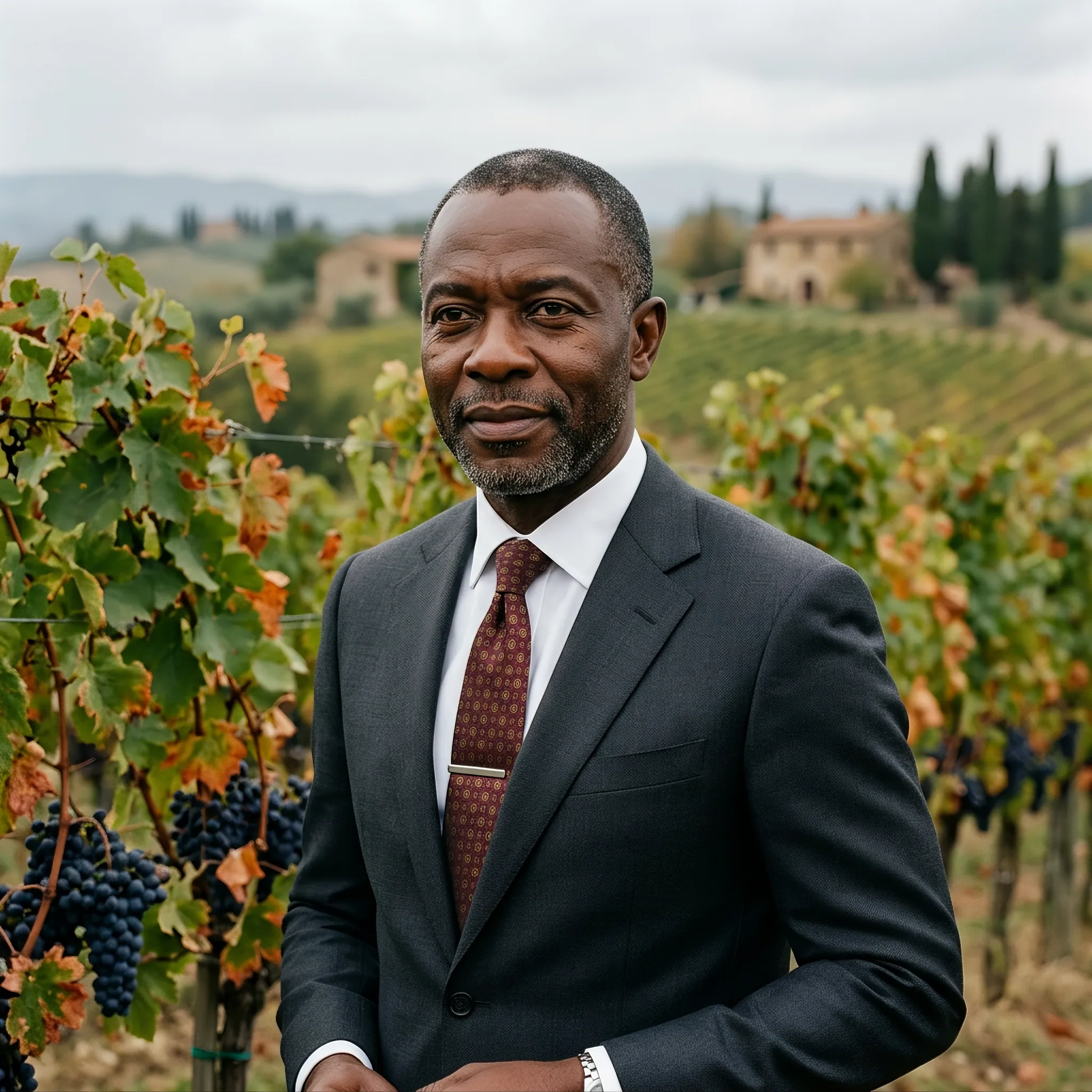 Ultra realistic portrait of a polished Nigerian diplomat, in a rustic Tuscan vineyard during harvest season, … - AI prompt reference from CC Prompt Galaxy