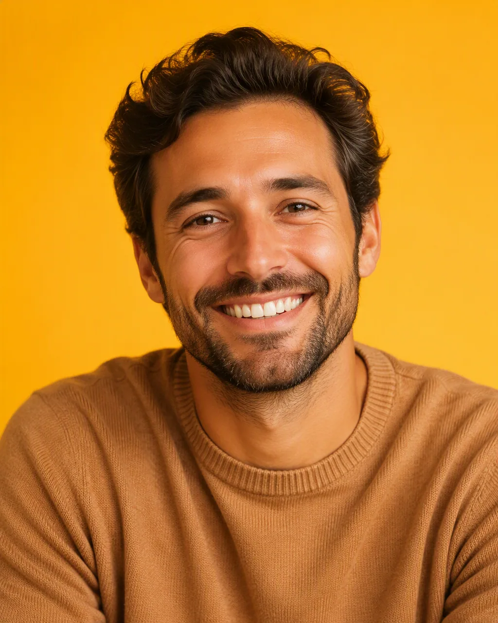 Create a hyper-realistic editorial portrait of a charismatic young man in his early thirties with warm genuin… - AI prompt reference from CC Prompt Galaxy