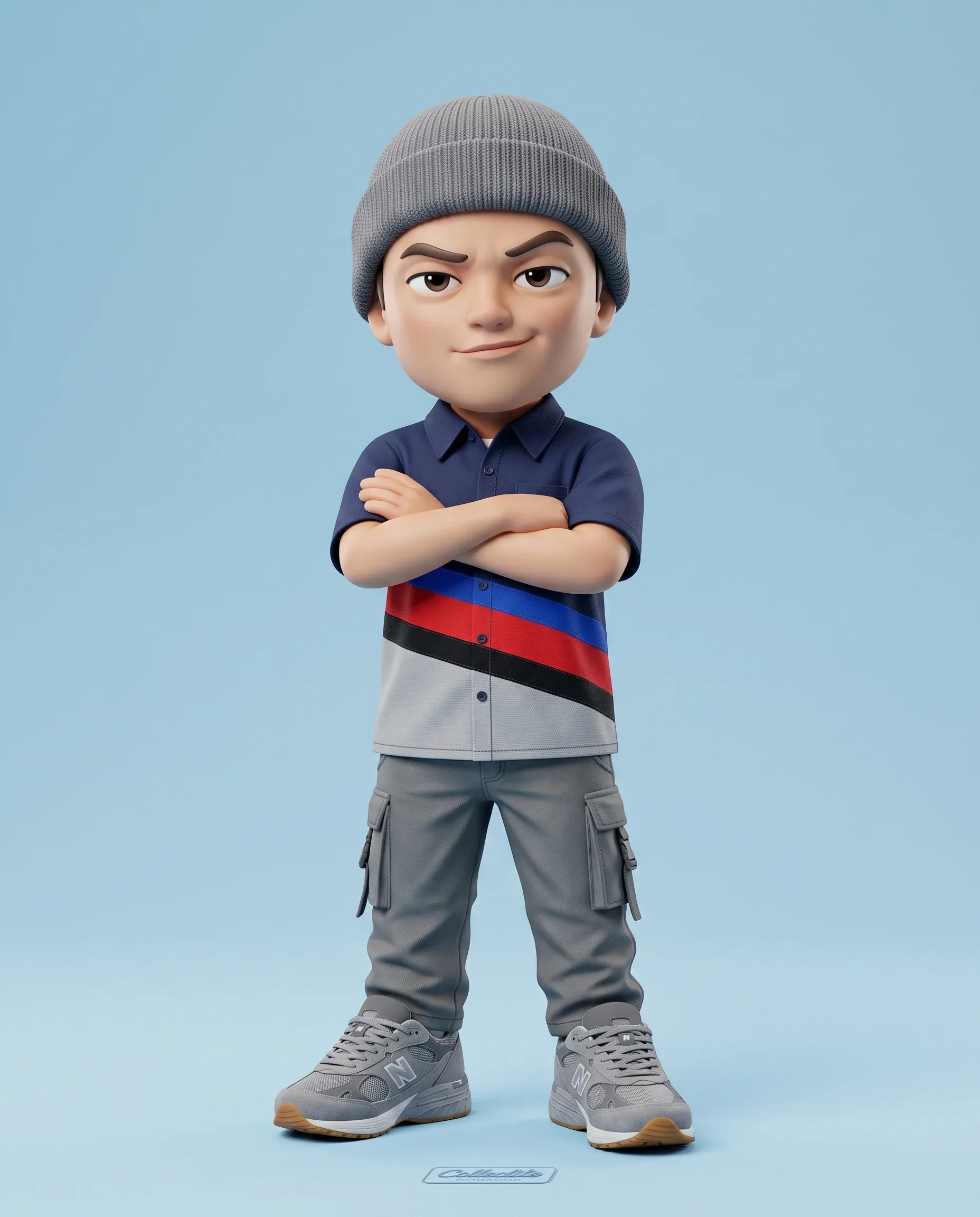 3D rendered caricature figurine, big head chibi style, wearing gray with colours stripes (adjunt image), arms… - AI提示词参考图，来自西西提示词