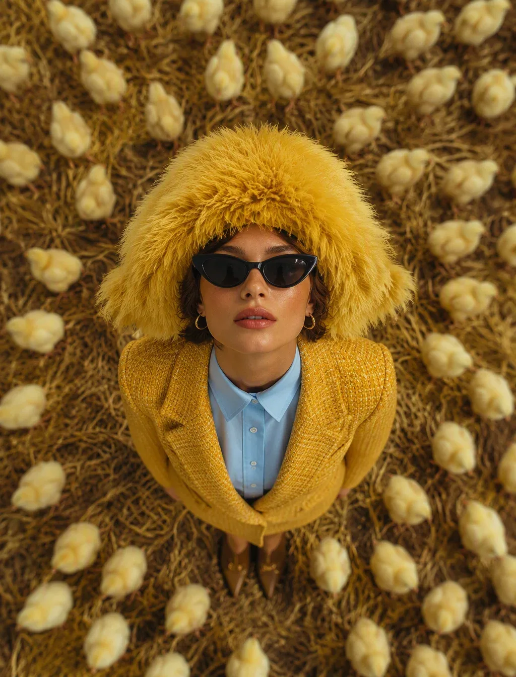 A fashion-forward woman stands looking directly upward on a straw-covered farm floor, surrounded by dozens of… - AI提示词参考图，来自西西提示词