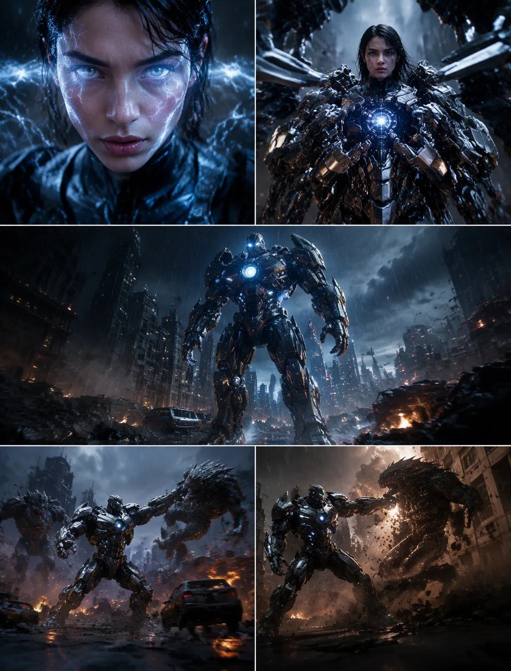 15-second ultra-photorealistic cinematic sci-fi action sequence. A powerful young woman stands alone in the m… - AI提示词参考图，来自西西提示词