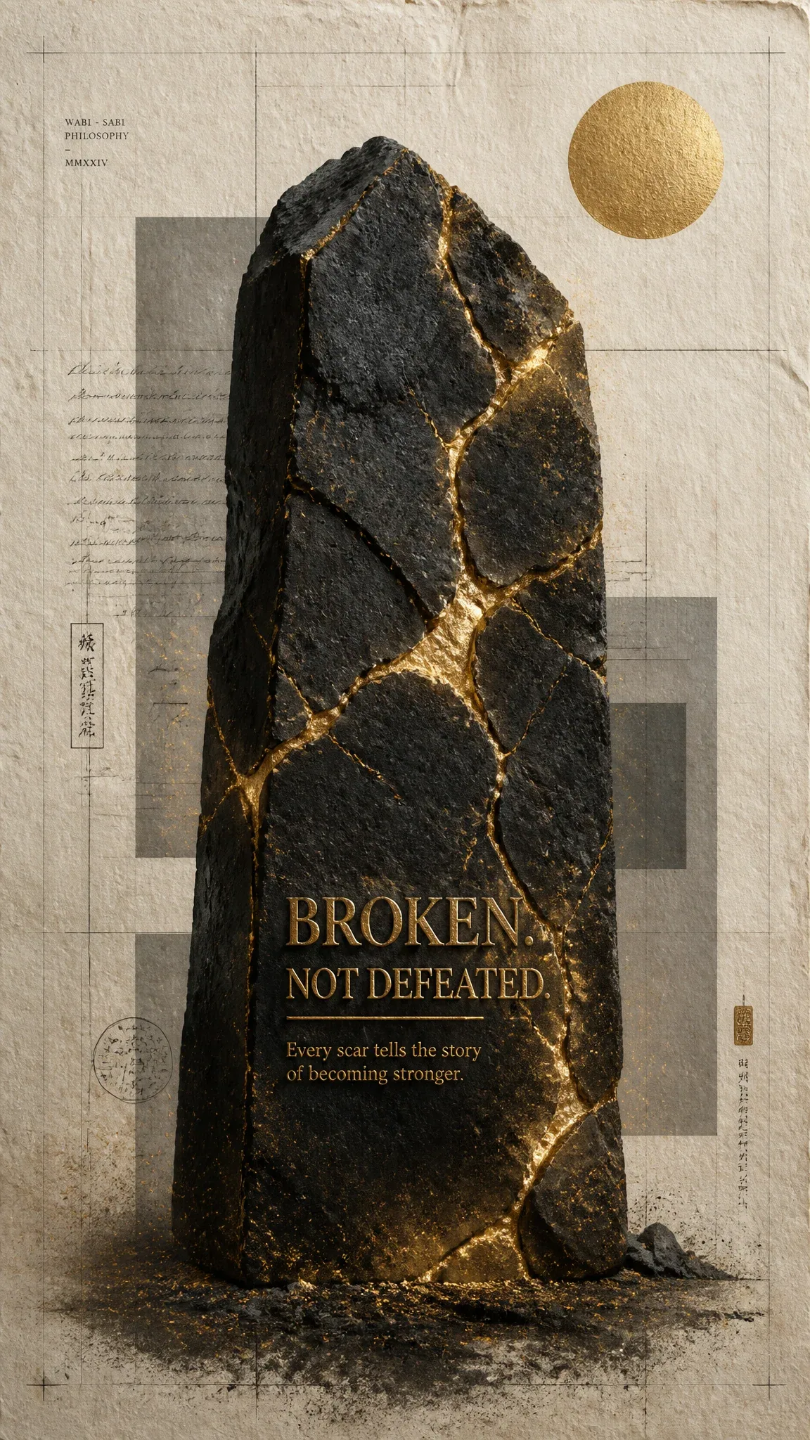 Subject A monolithic slab of matte black volcanic basalt standing vertically, fractured by intricate, organic… - AI提示词参考图，来自西西提示词
