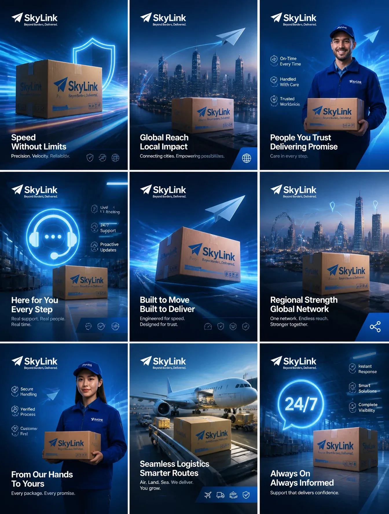Create an ultra-premium 3x3 campaign board for a postex international logistics group, designed as a Cannes-a… - AI提示词参考图，来自西西提示词