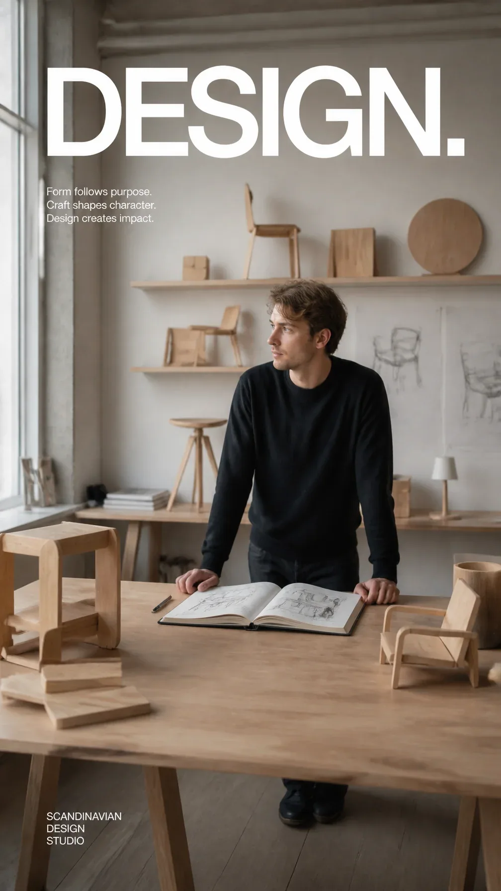 Premium editorial campaign. Main Subject: Young furniture designer inside a Scandinavian design studio. Creat… - AI prompt reference from CC Prompt Galaxy
