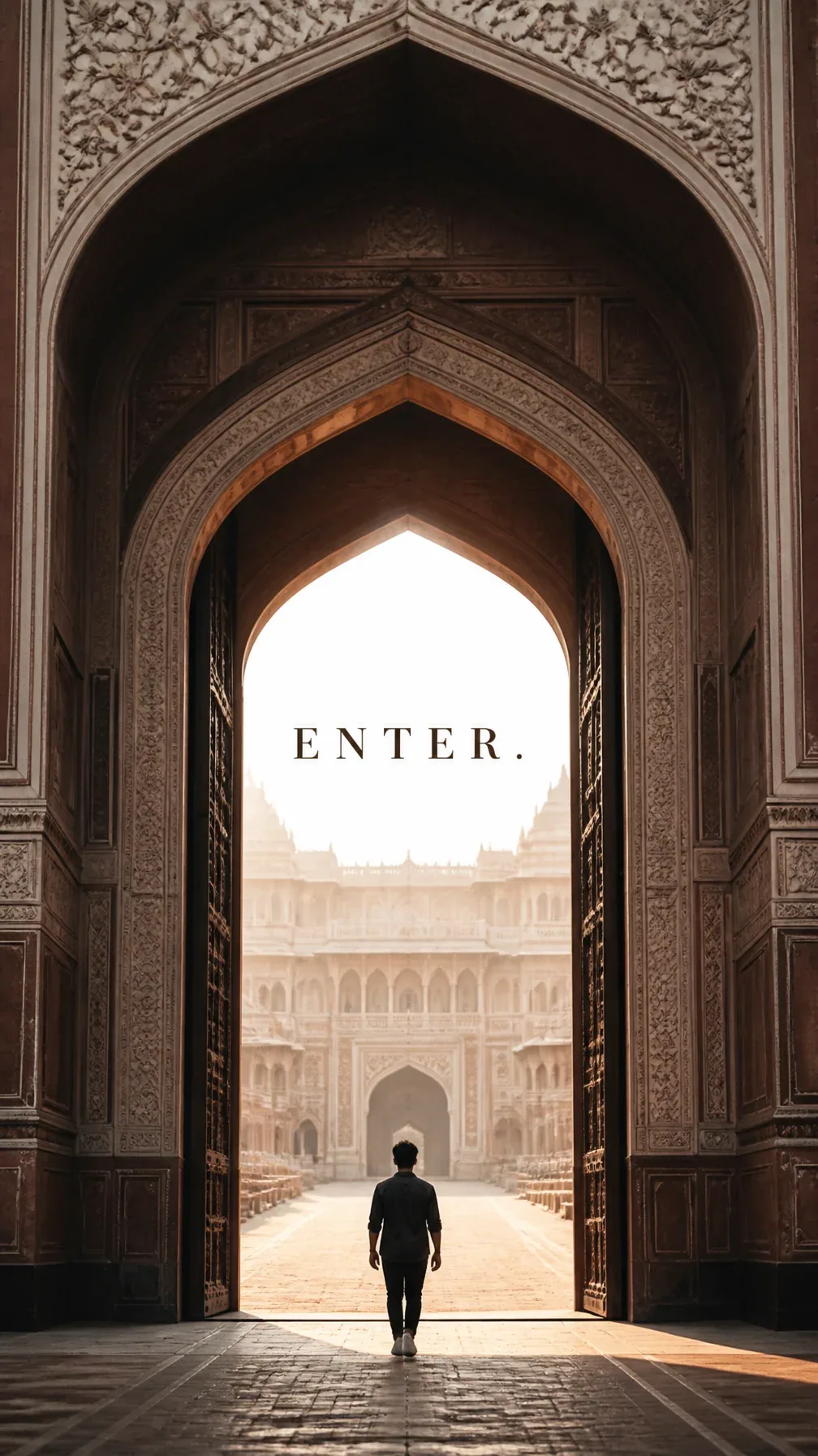 Premium editorial campaign. Main Subject: Young man standing beneath an enormous historic palace gateway. Cre… - AI提示词参考图，来自西西提示词