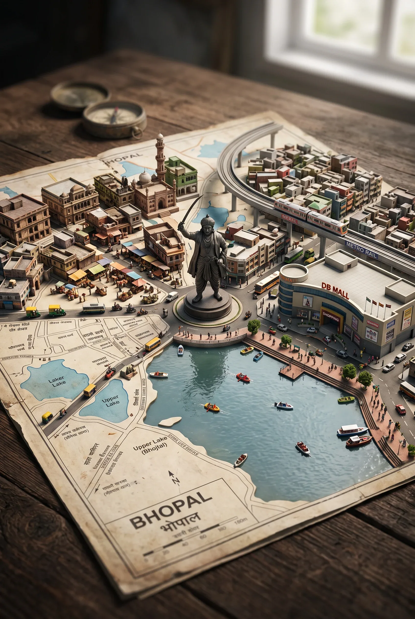 A street-style map of bhopal india placed on a {MAP_SURFACE}, with a photorealistic miniature version of bhop… - AI提示词参考图，来自西西提示词