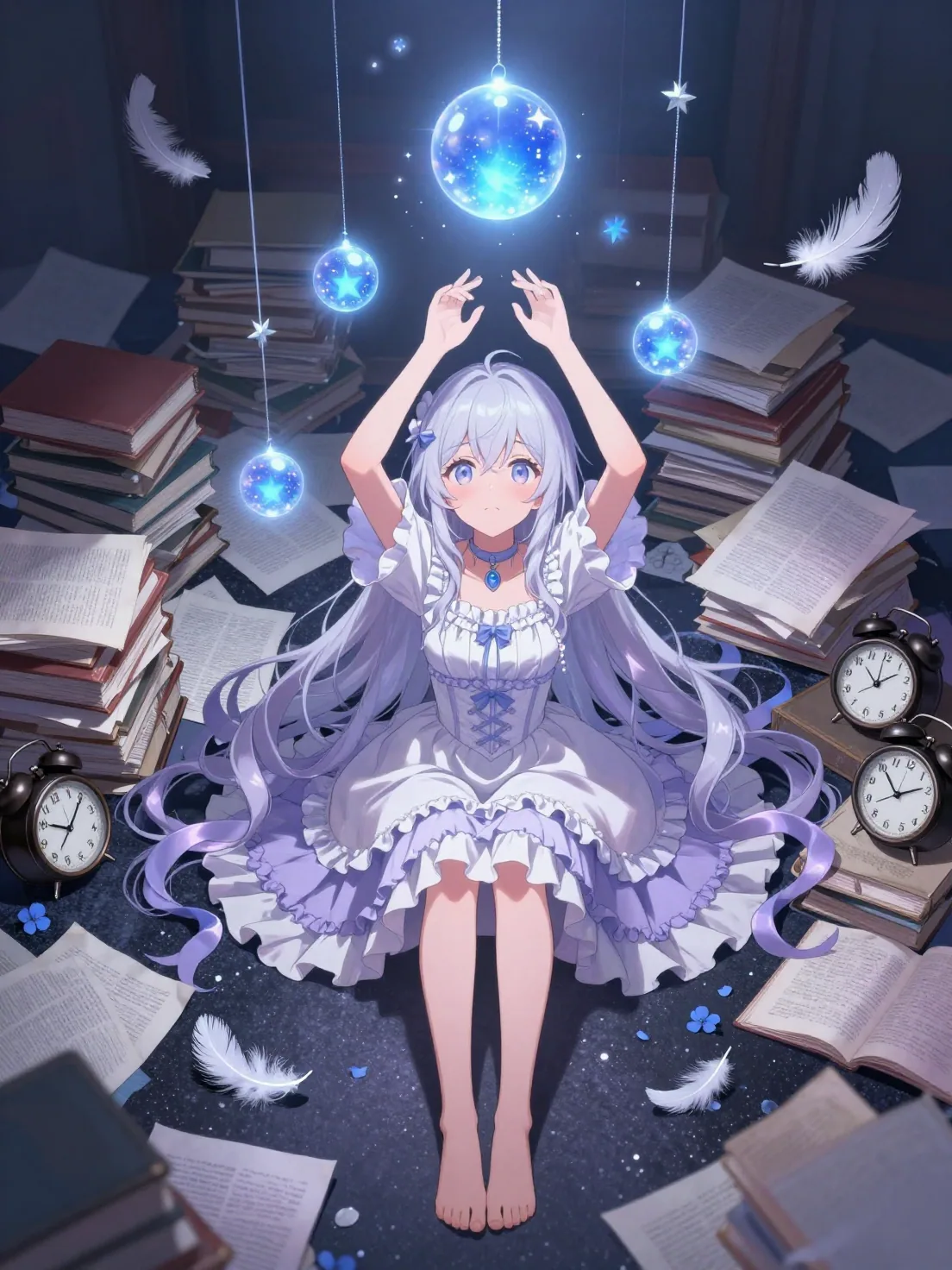 A young girl with long, pale lavender hair sits cross-legged on a dark, glittering floor, her bare feet resti… - AI提示词参考图，来自西西提示词