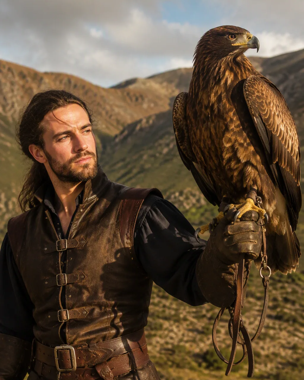 Create a hyper-realistic portrait of a falconer with their bird of prey perched on their gloved hand. A perso… - AI提示词参考图，来自西西提示词