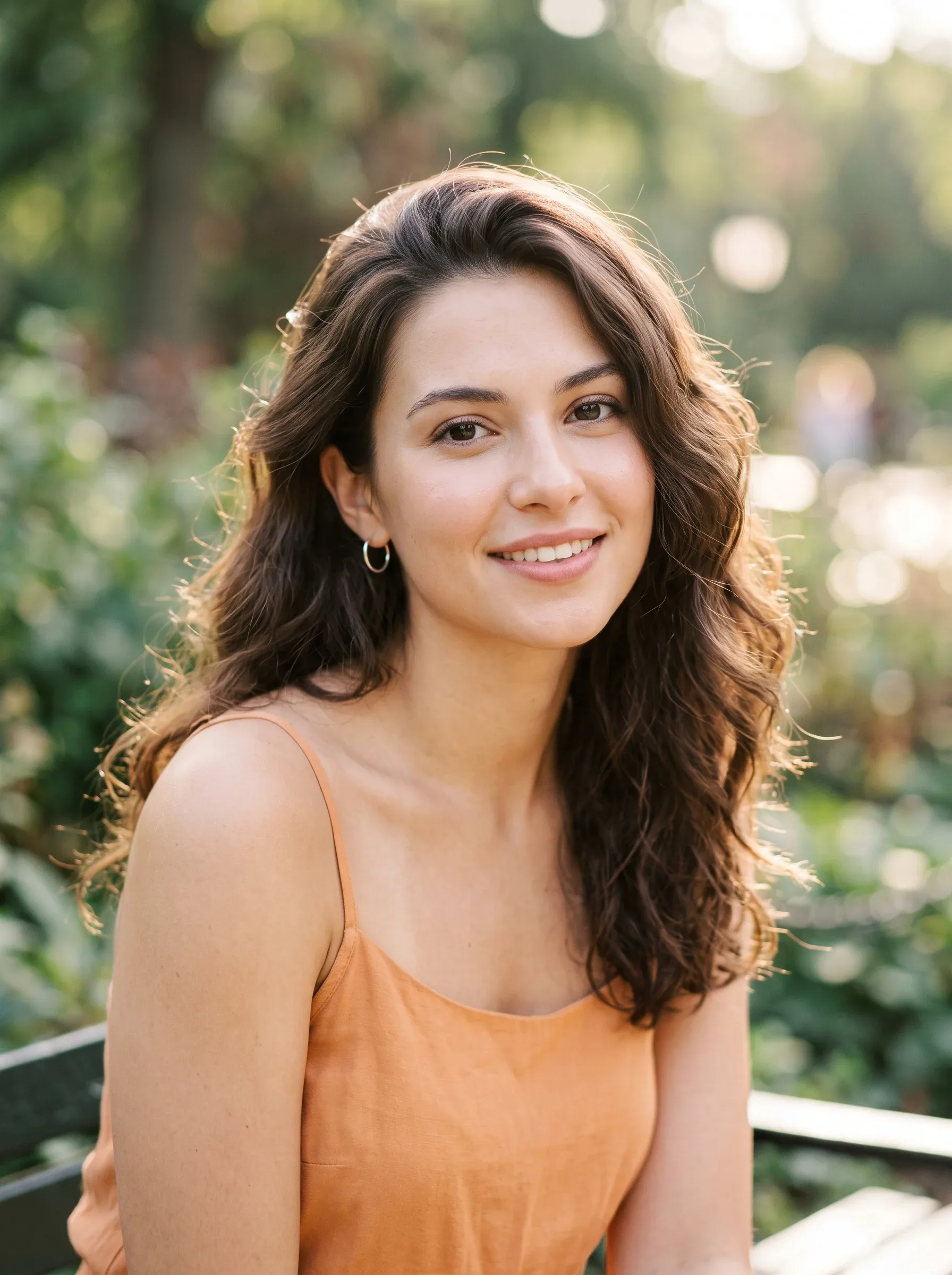 A young woman with voluminous, soft-waved dark chestnut hair gazes directly at the camera, her skin rendered … - AI提示词参考图，来自西西提示词