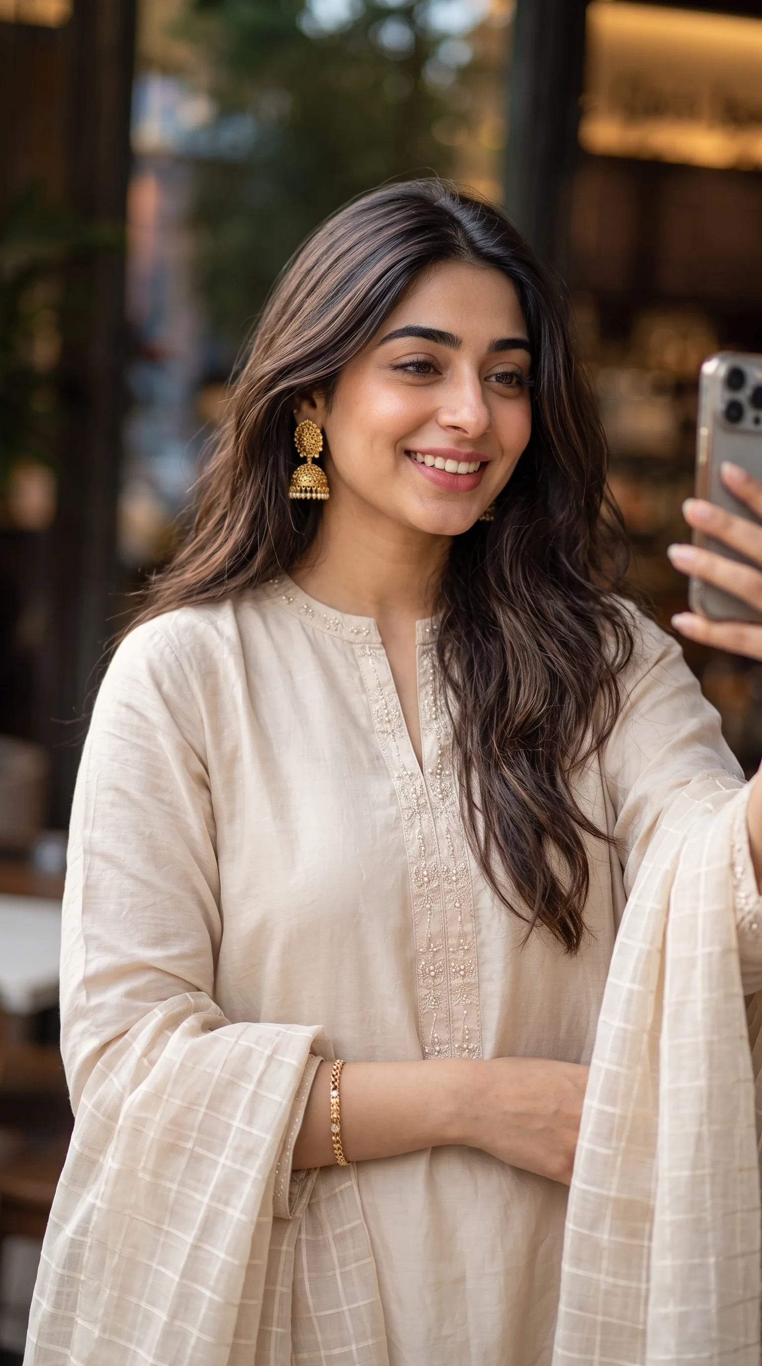 A professional fashion portrait of a beautiful young South Asian woman. She has long, voluminous wavy brown h… - AI提示词参考图，来自西西提示词
