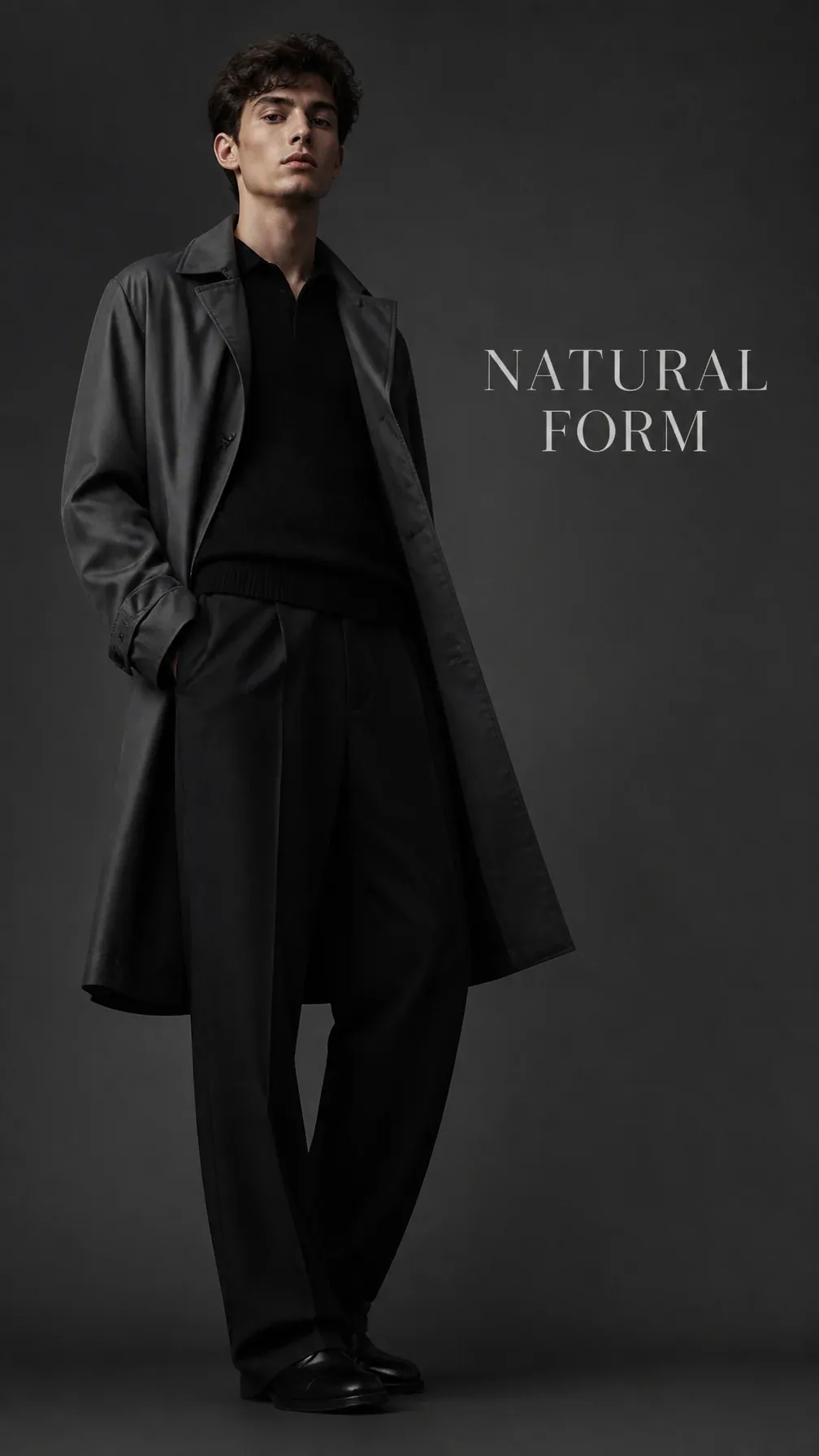 Luxury editorial campaign. Main Subject: Young male model wearing a charcoal lightweight trench coat. Pose: C… - AI prompt reference from CC Prompt Galaxy